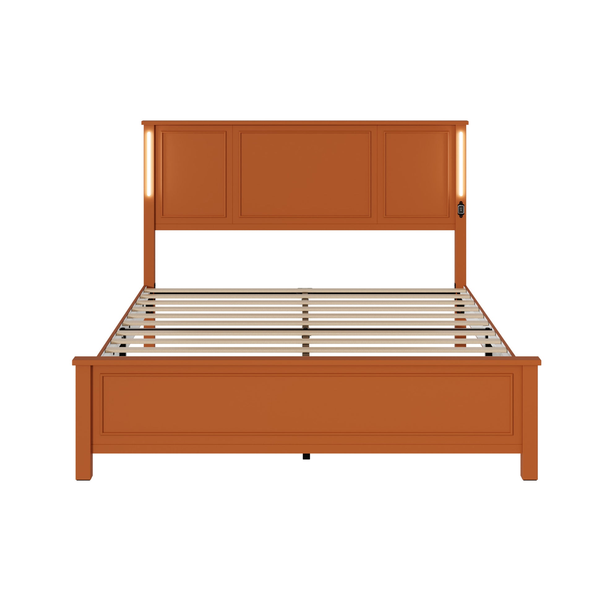 Queen Size Bed Frame, Platform Bed Frame With Wood Headboard And Footboard,Charging Station And Led Lights, 12 Wood Slats Support, No Box Spring Neededbrown Box Spring Not Required Queen Antique