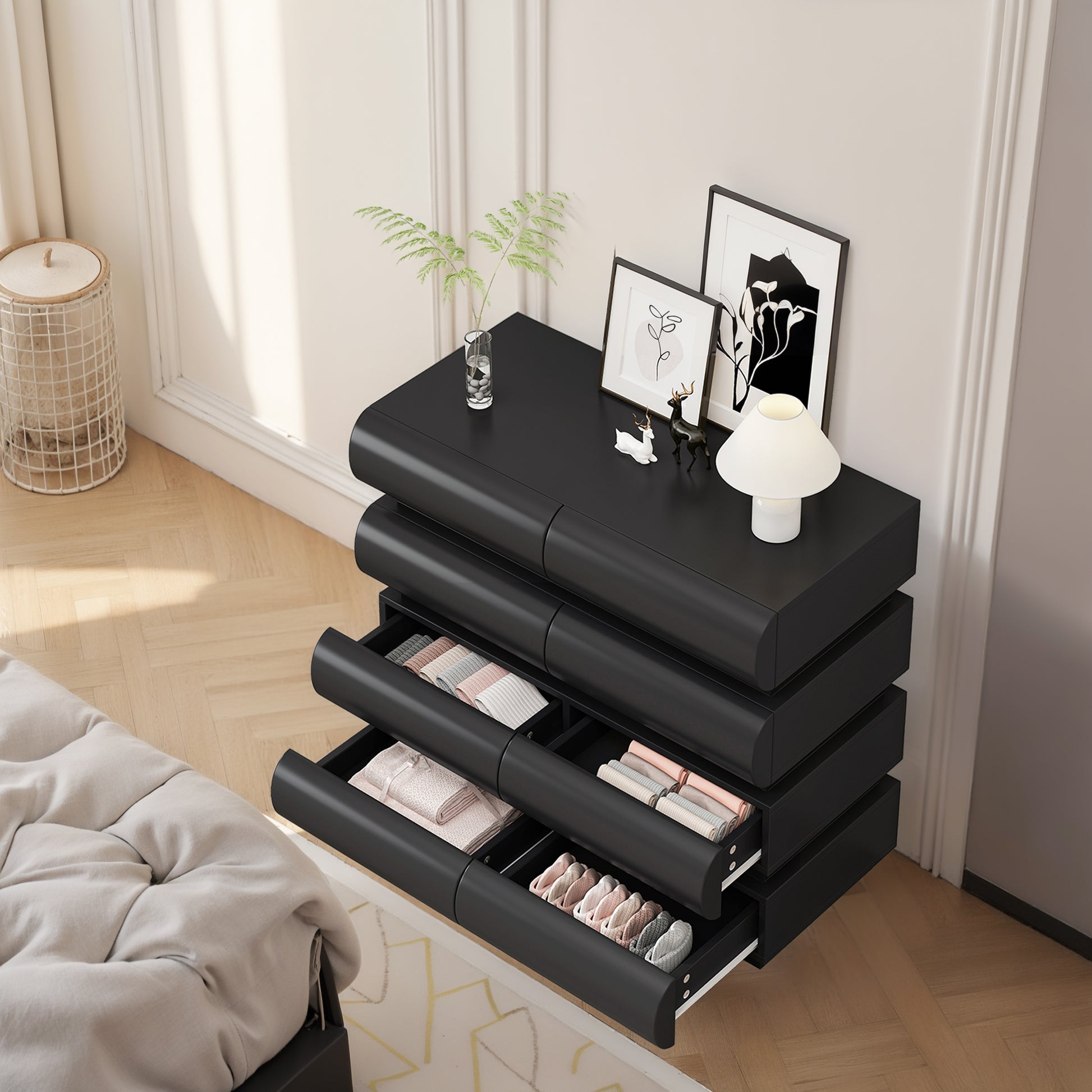 8 Drawer Dresser For Bedroom, Black Dresser No Handle, Modern 8 Chest Of Drawers With Wide Storage Black Mdf
