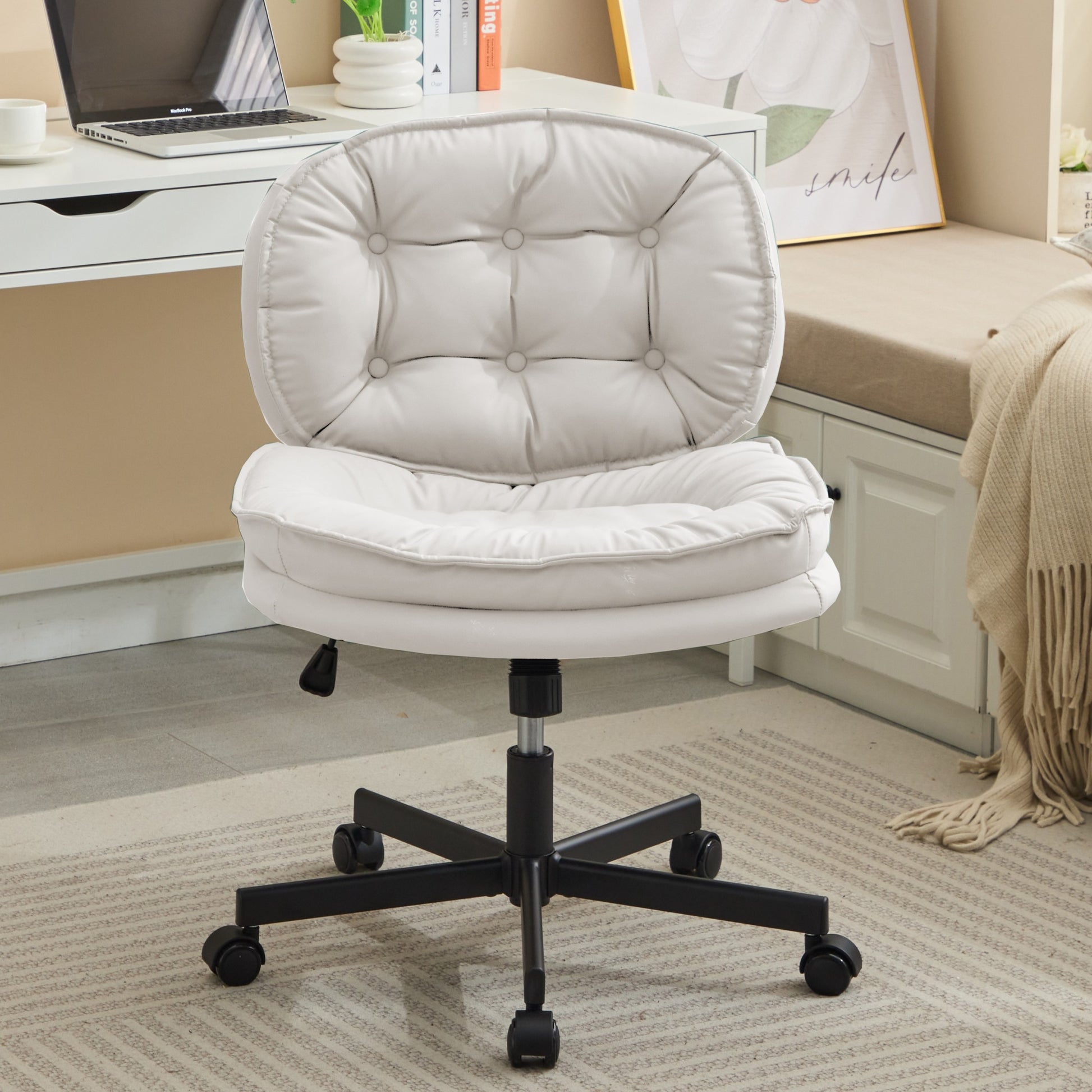 Armless Office Desk Chair With Wheels: Pu Leather Cross Legged Wide Chair,Comfortable Adjustable Swivel Computer Task Chairs For Home,Office,Make Up,Small Space,Bed Room Creamy White Antique Fiber Foam And Polyester Fiber Pad Pvc