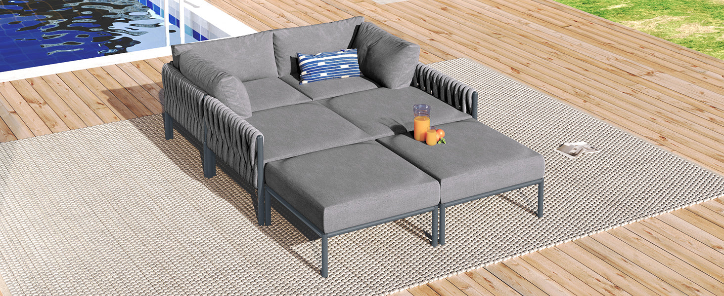 6 Pieces Aluminum Patio Furniture Set, Modern Metal Outdoor Conversation Set Sectional Sofa With Removable Olefin Extra Thick Cushions 5.9" Cushion, Grey Yes Complete Patio Set Gray Seats 6 Weather Resistant Frame Garden & Outdoor