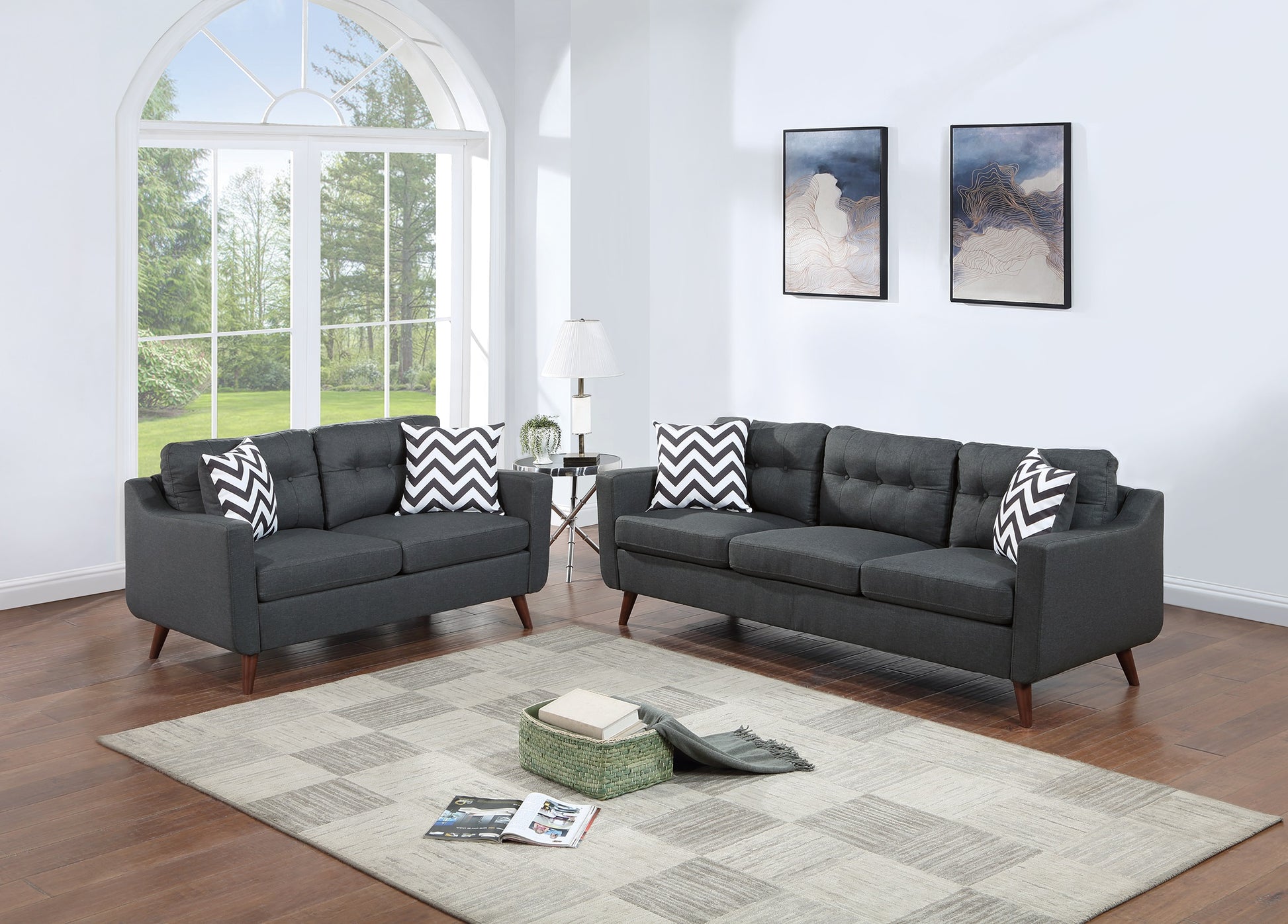Modern Cozy Sofa Loveseat W Pillows 2Pc Sofa Set Black Polyfiber Couch Tufted Cushions Living Room Black Primary Living Space Firm Tufted Back Contemporary,Modern Pine Square Arms Linen Blend,Pine,Plywood 5 Seat