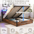 Lift Up Storage Bed Frame, Queen Size Bed Frame With Bookcase Headboard & Led Lights, Wooden Platform Bed Frame With Charging Station, No Spring Box Needed, Rustic Brown Box Spring Not Required Queen Rustic Brown Metal Brown Bedroom Industrial Bed Frame