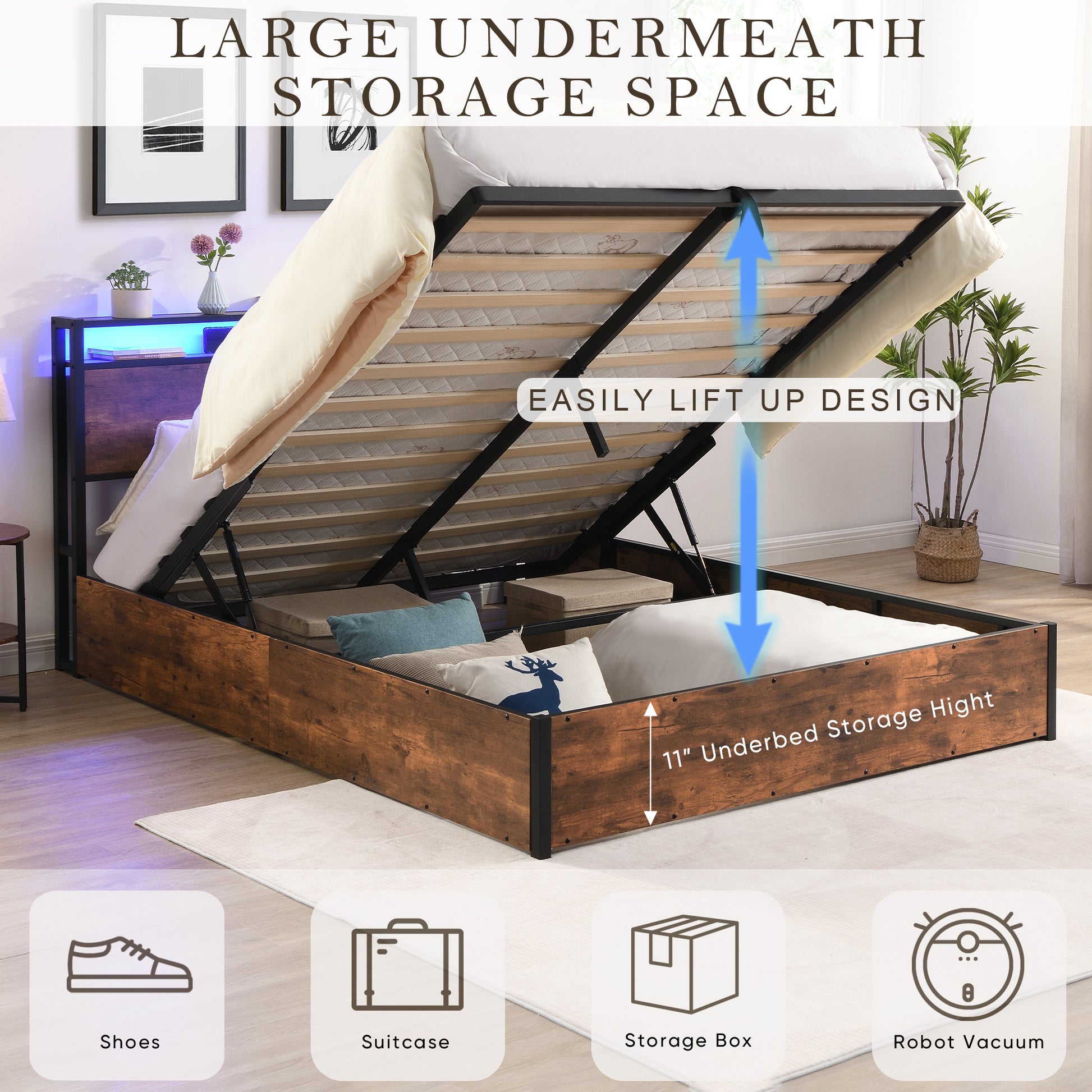 Lift Up Storage Bed Frame, Queen Size Bed Frame With Bookcase Headboard & Led Lights, Wooden Platform Bed Frame With Charging Station, No Spring Box Needed, Rustic Brown Box Spring Not Required Queen Rustic Brown Metal Brown Bedroom Industrial Bed Frame