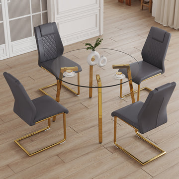 Table And Chair Set.A Modern Minimalist Style Round Clear Tempered Glass Table With Metal Legs.Paried With Dark Gray Chairs With Modern Pu Leather High Back Upholstered And C Tube Golden Legs. Dark Gray,Transparent Seats 4 Glass