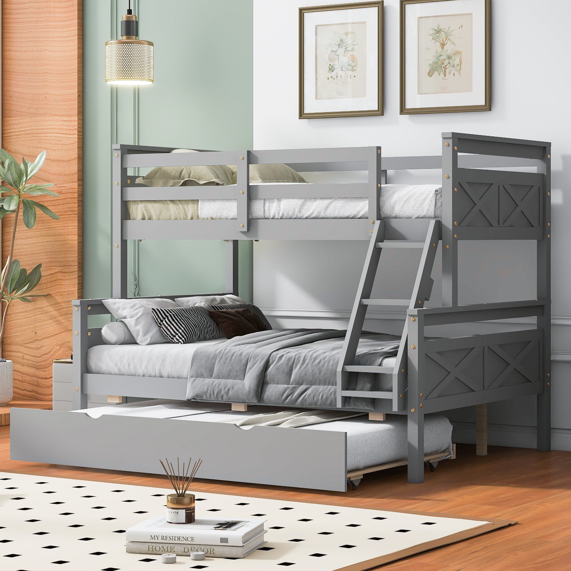 Twin Over Full Bunk Bed With Ladder, Twin Size Trundle, Safety Guardrail, Gray Box Spring Not Required Twin Gray Wood Bedroom Bunk Pine