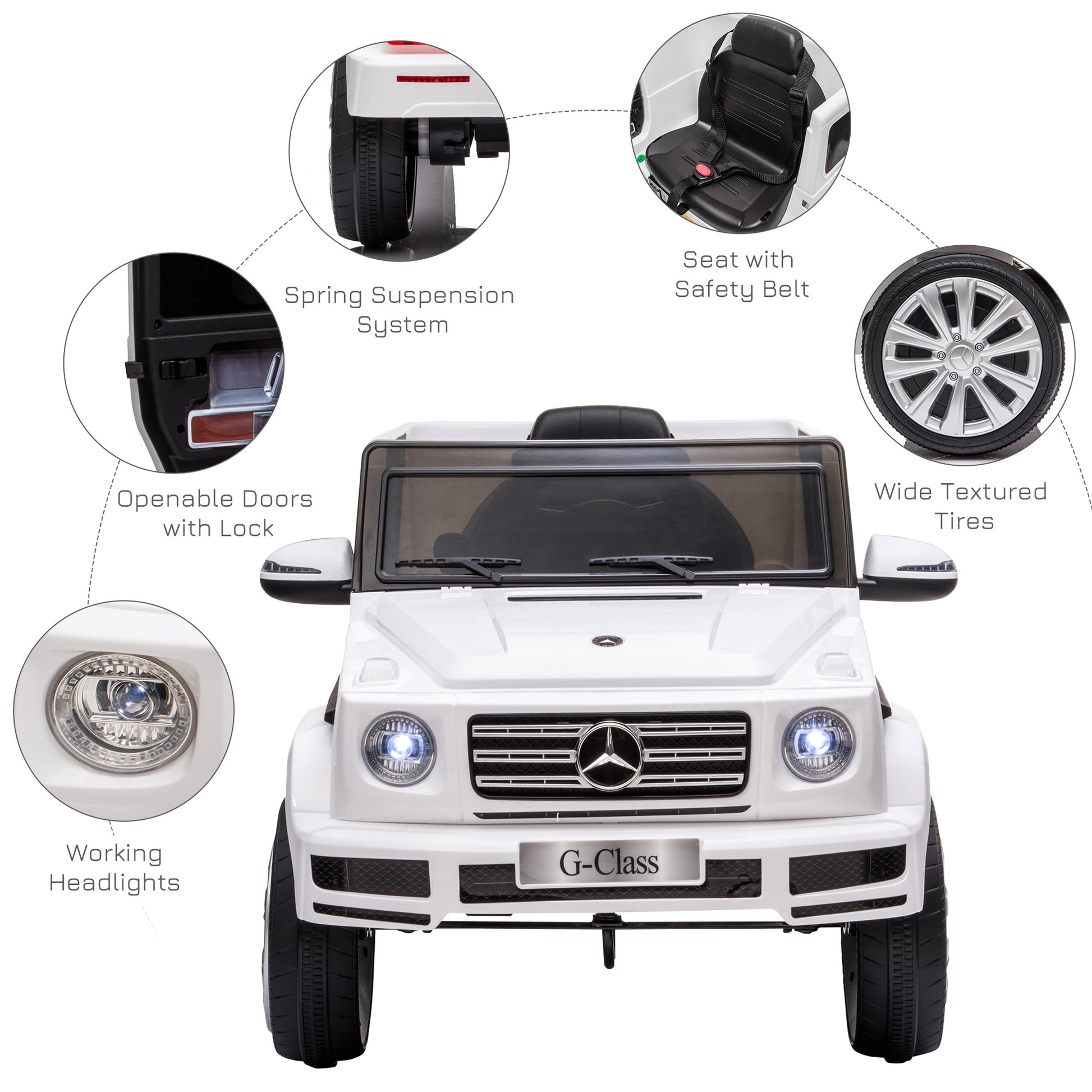 Aosom 12V Kids Electric Car, Mercedes Benz G500 Licensed Battery Powered Ride On Truck For Kids With Remote Control, Headlights, Music, Suspension & Storage For Boys And Girls, White White Plastic