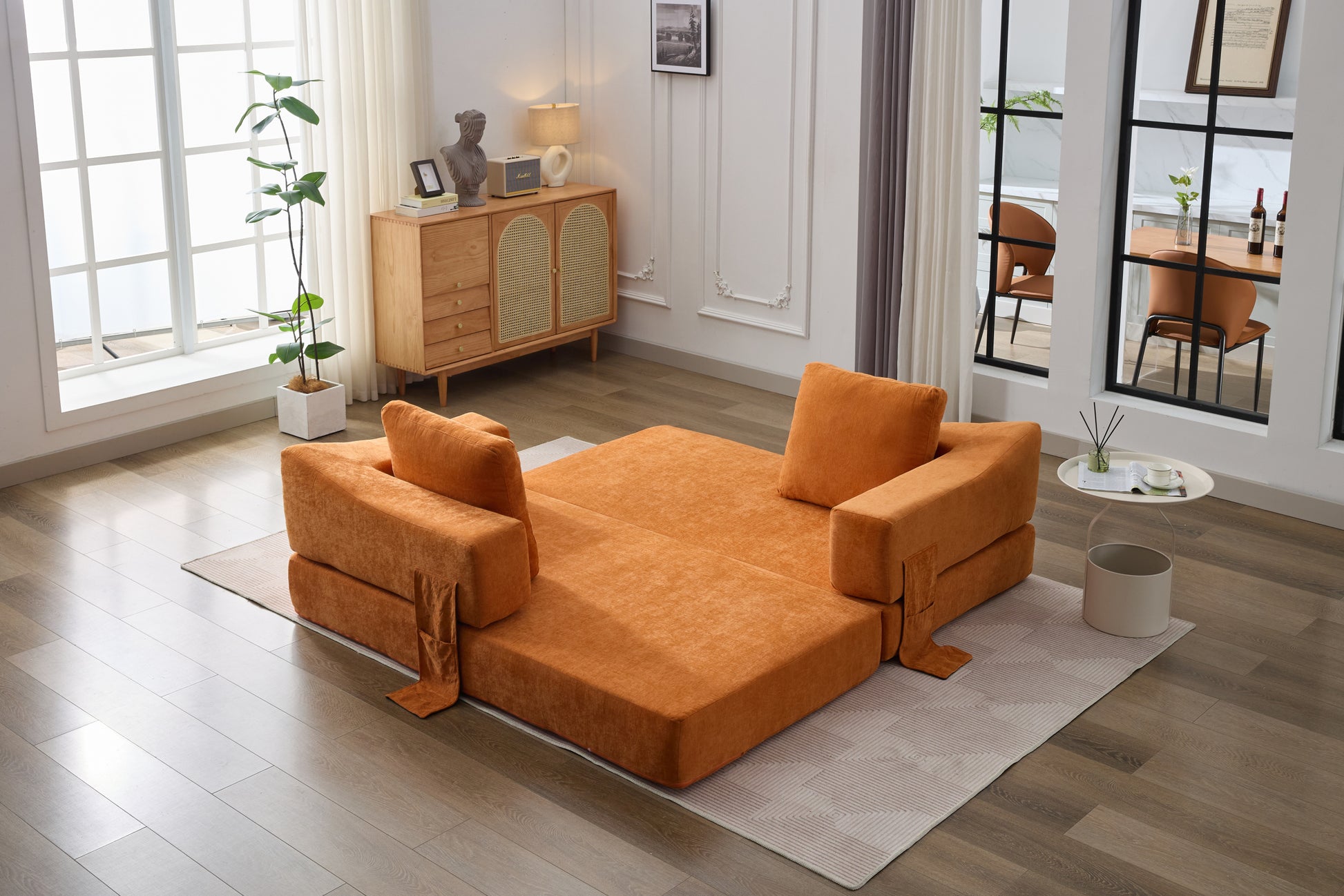 Modern Minimalist Sofa, Fold Out Sofa Bed, Convertible Chair Floor Couch & Sleeping Mattress For Living Room, Bedroom, Apartment, Removable Backrest, Orange Orange Chenille Soft Vintage Chenille 2 Seat