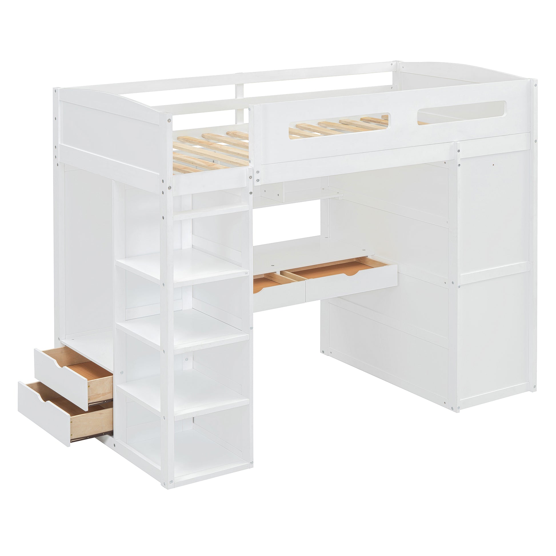 Twin Size Loft Bed With Desk, Wardrobes, 4 Drawers And 4 Shelves White Twin White Solid Wood