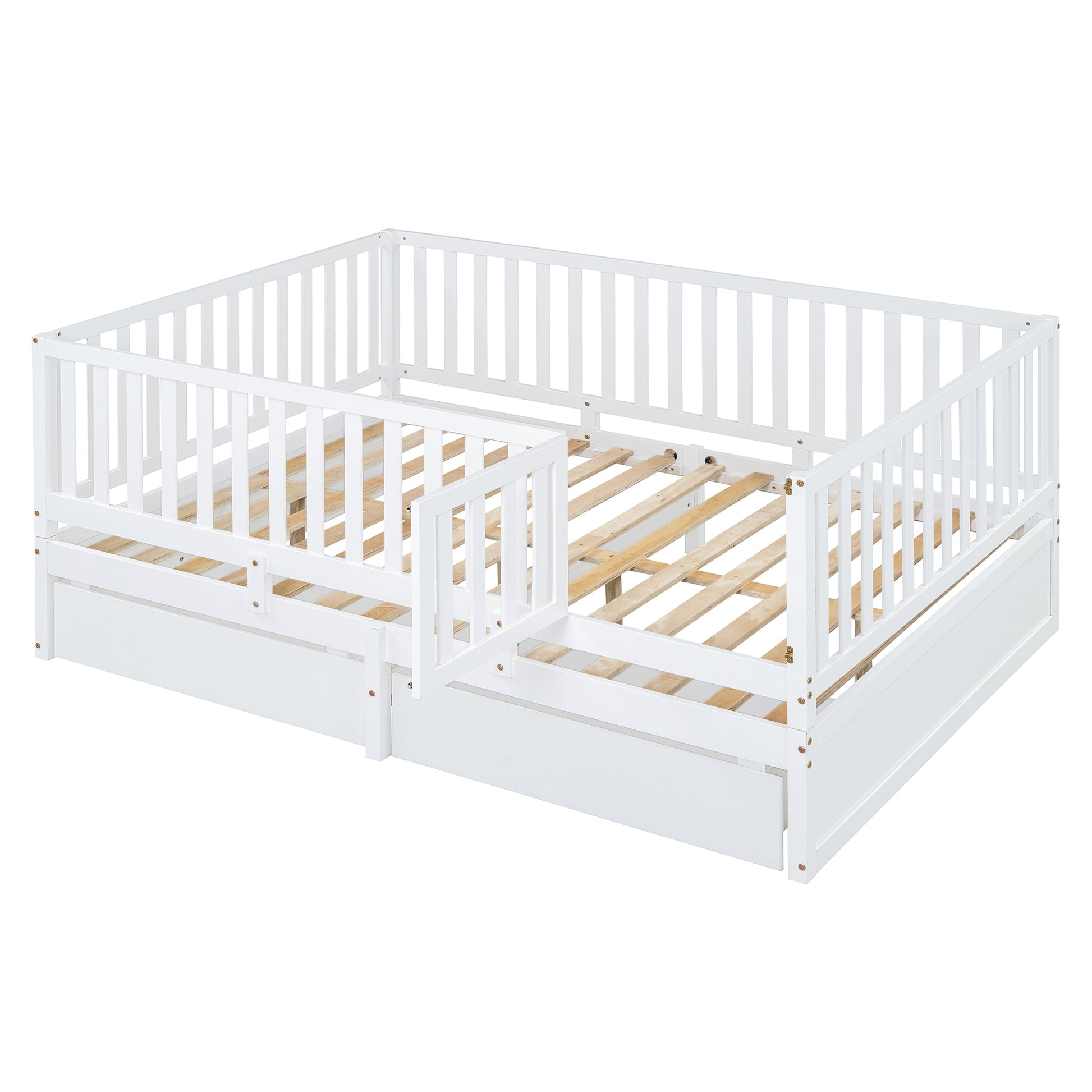 Full Size Wood Daybed With Fence Guardrails And 2 Drawers, Split Into Independent Floor Bed & Daybed, White Old Sku :Lp000882Aak Full White Solid Wood Mdf