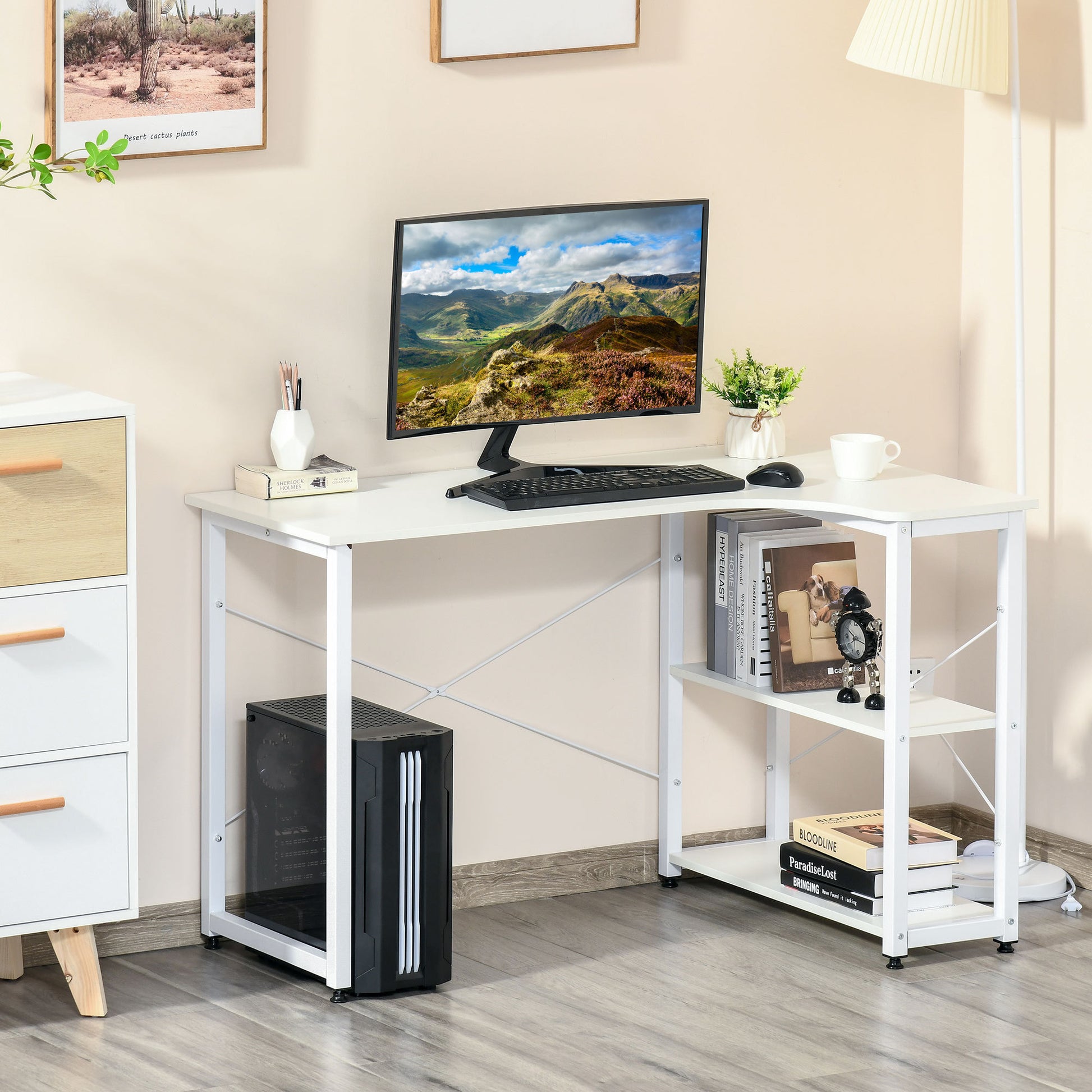 Homcom Industrial L Shaped Computer Desk With 2 Side Shelves And Steel Frame, Corner Desk, Study Workstation For Home Office, White White Engineered Wood