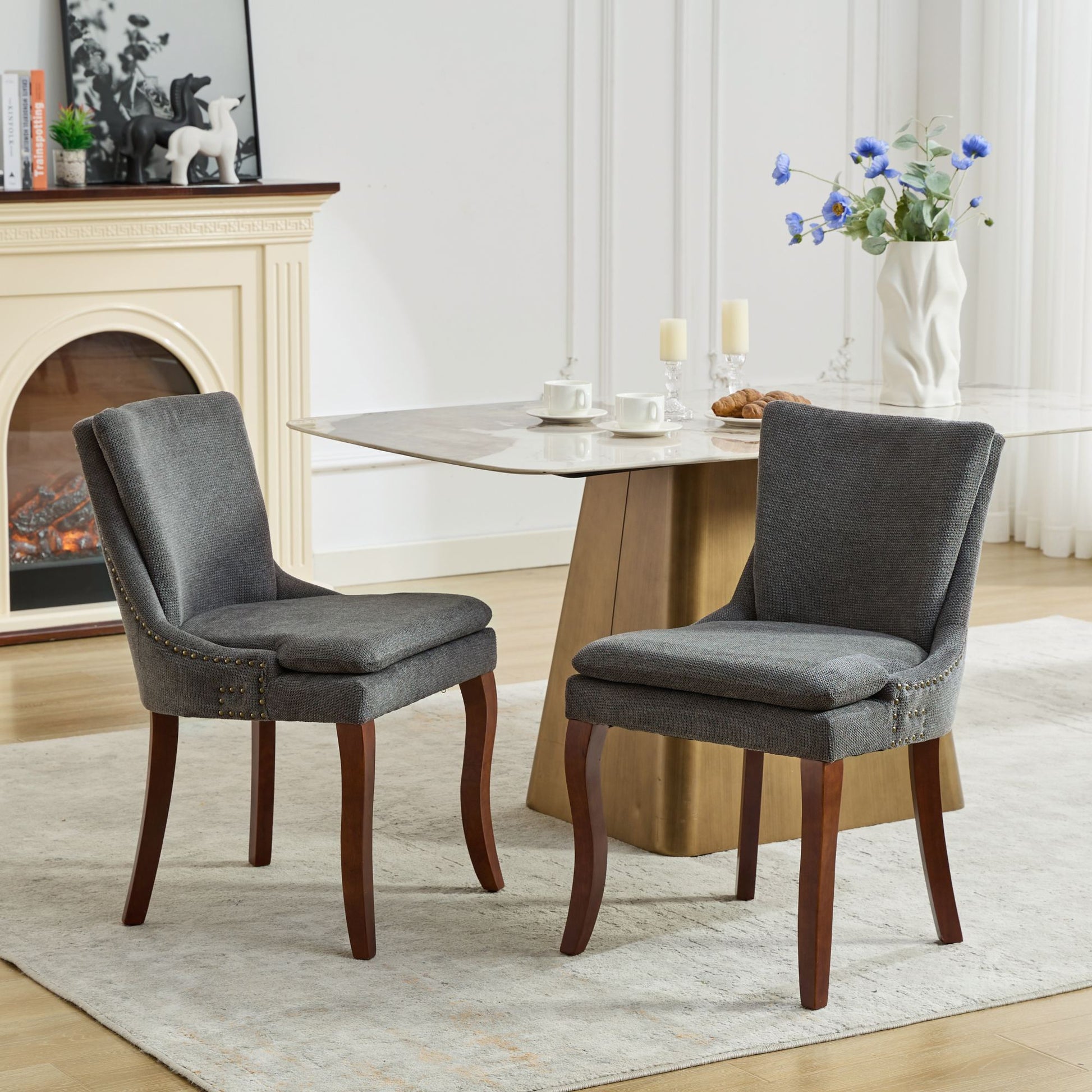 Modern Dining Chairs Set Of 2,Double Layer Cushioned Chenille Fabric Upholstered Accent Side Leisure Chairs With Mid Back And Curved Solid Wood Legs For Living Room Dining Room Gray Gray Dining Room American Design Dining Chairs Rubberwood Set Of 2 Foam