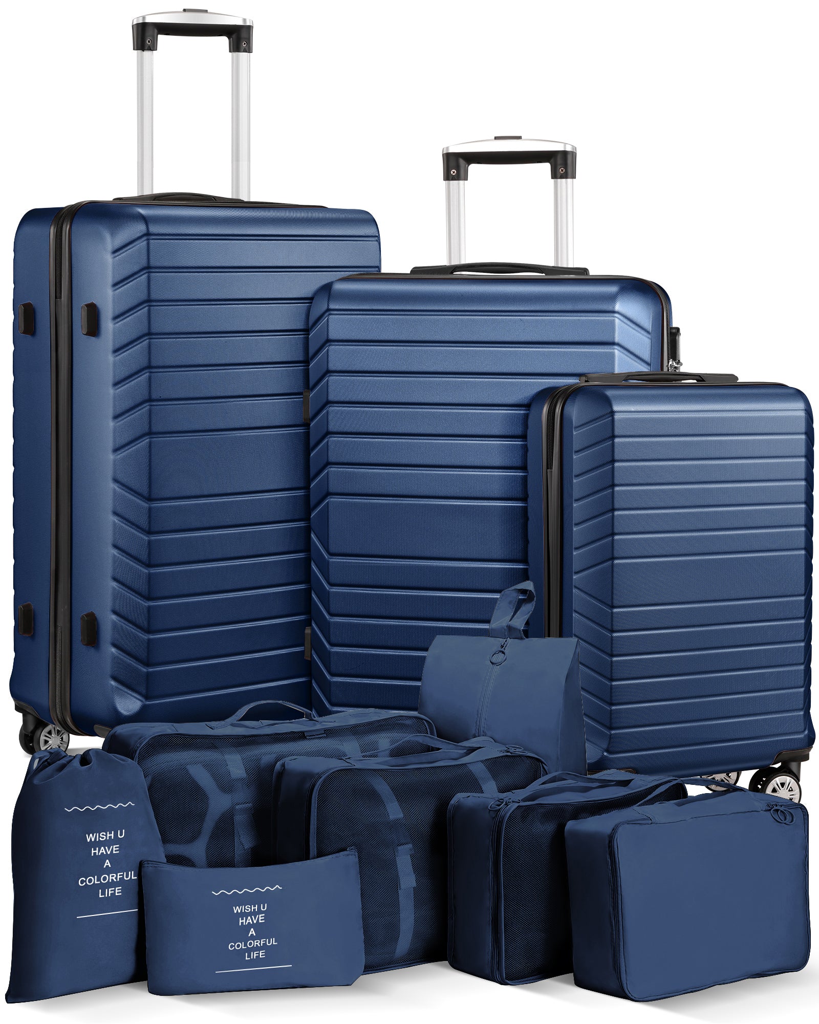 3 Piece Luggage Sets With 7 Pcs Organizer Bags For Kinds Of Travel Dark Blue Abs