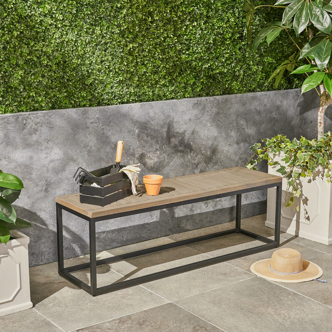 Jeco Industrial Wood And Metal Bench Grey Acacia Wood