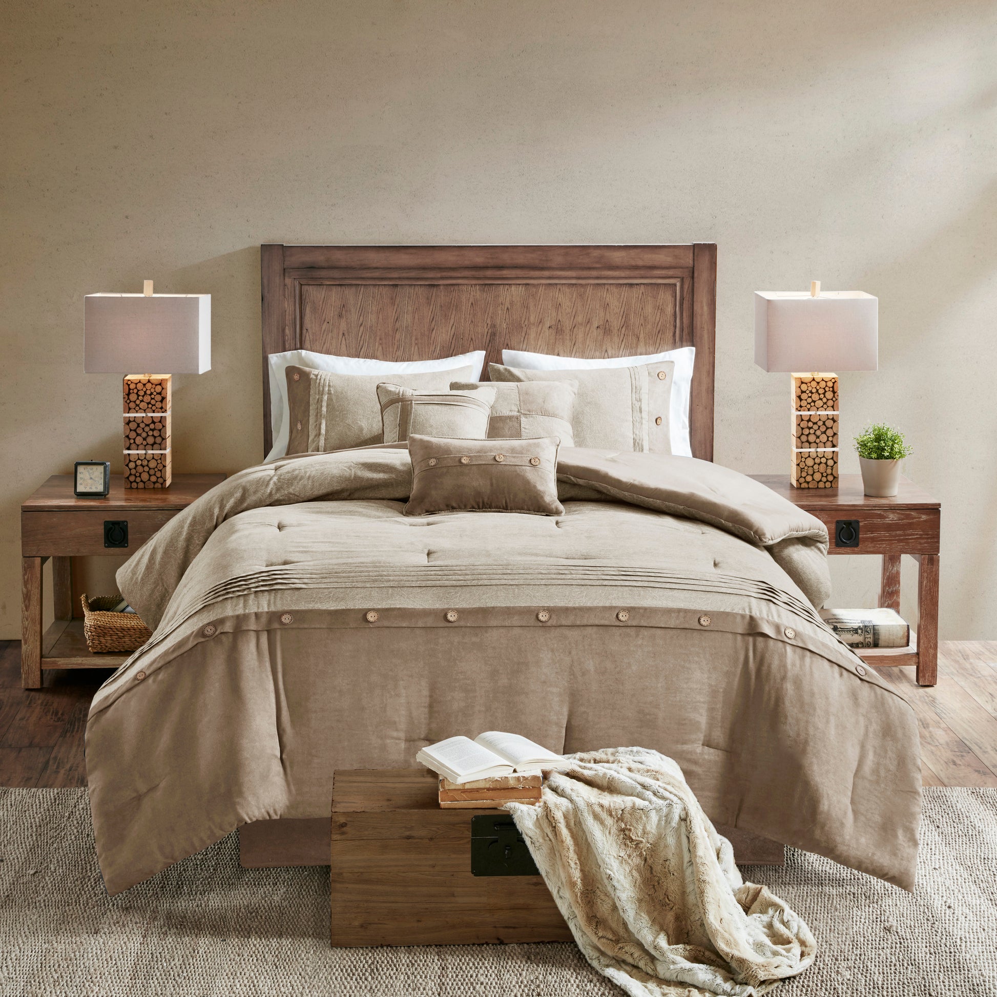 7 Piece Faux Suede Comforter Set Tan King King Tan Polyester