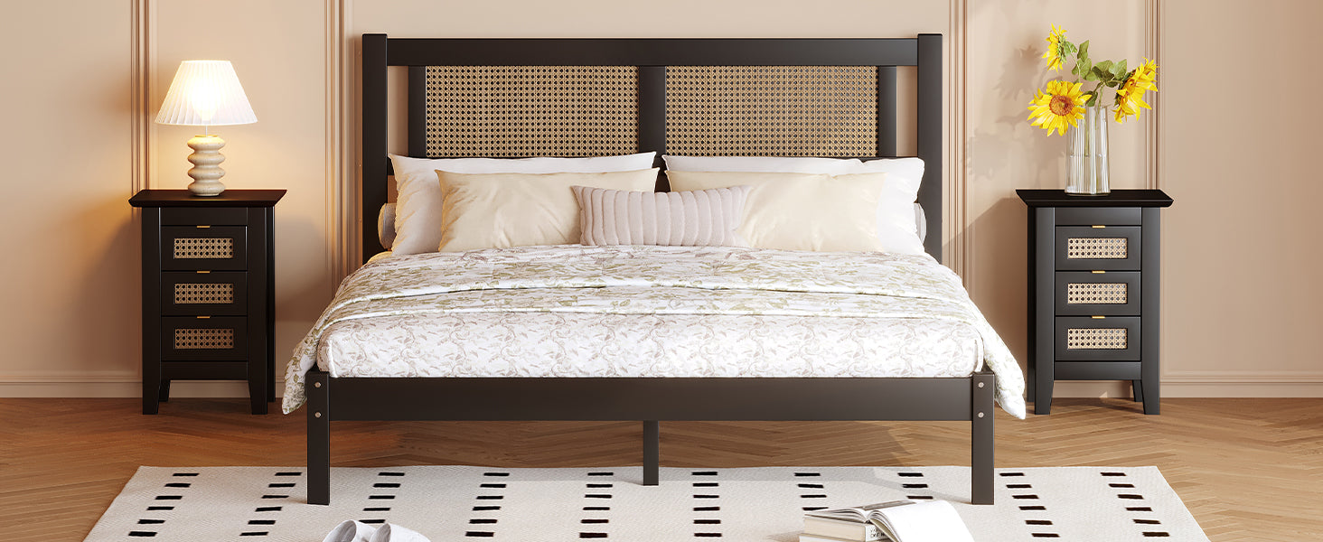3 Pieces Bedroom Sets Queen Size Wooden Platform Bed With Natural Rattan Headboard, Nightstands Set Of 2 With Rattan Woven Surfaces And Three Drawers For Bedroom, Black Black Particle Board