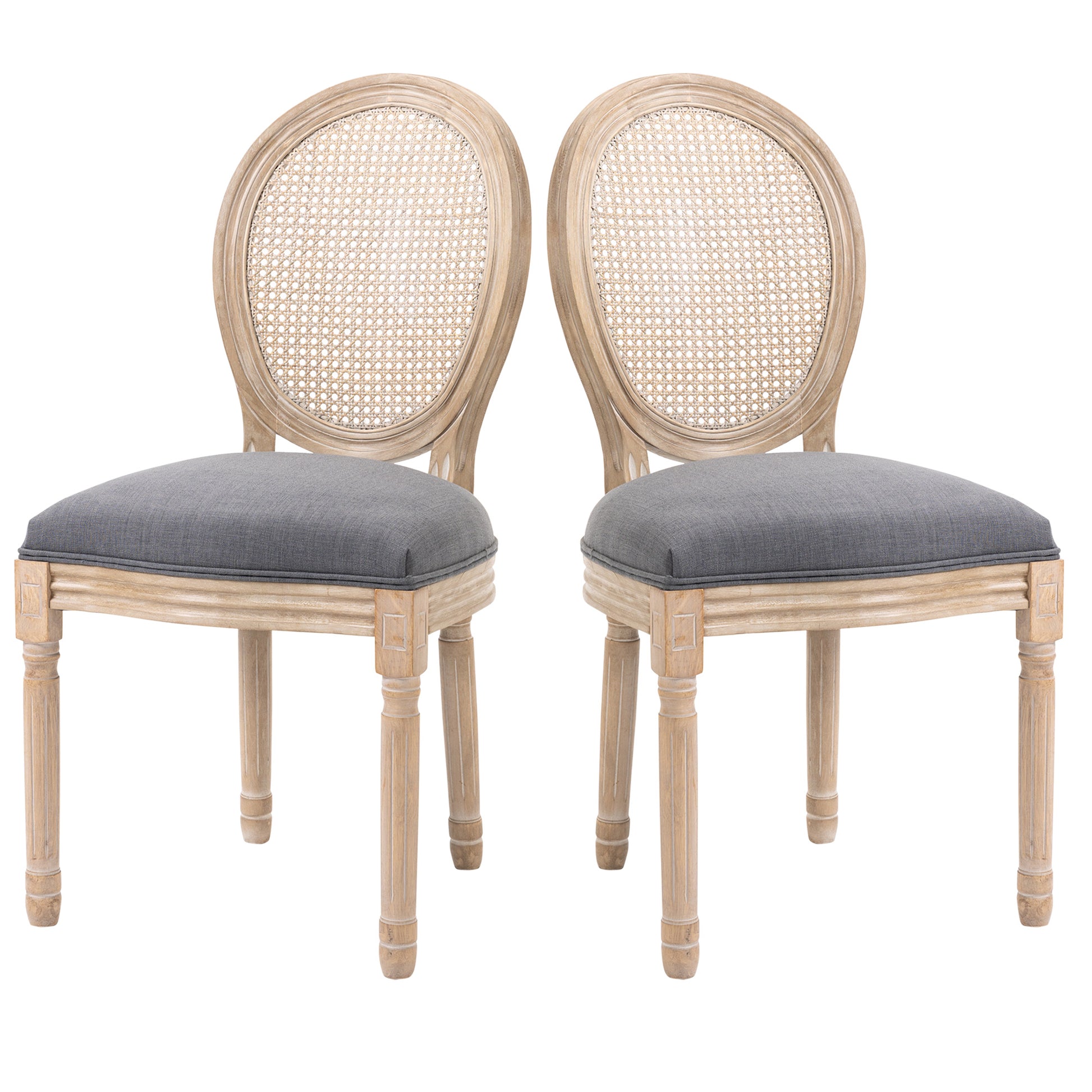 Homcom French Style Upholstered Dining Chair Set, Armless Accent Side Chairs With Rattan Backrest And Linen Touch Upholstery, Set Of 2, Gray Grey Wood