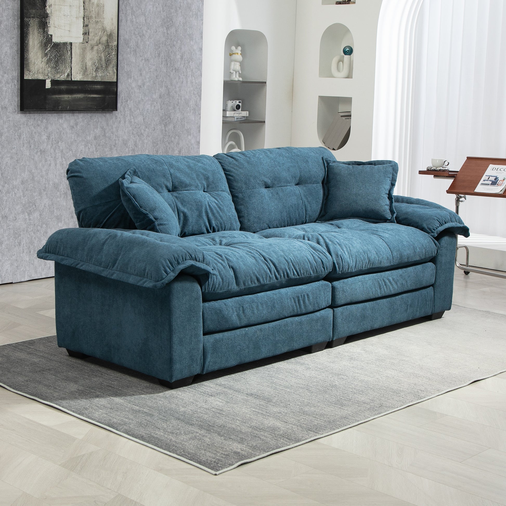 84" Chenille Recliner Sofa Small Sofa Loveseat Deep Seat Sofa Couch With 2 Throw Pillows & Memory Foam For Living Room Apartment Office Lounge Blue Blue Memory Foam Chenille,Upholstered 2 Seat