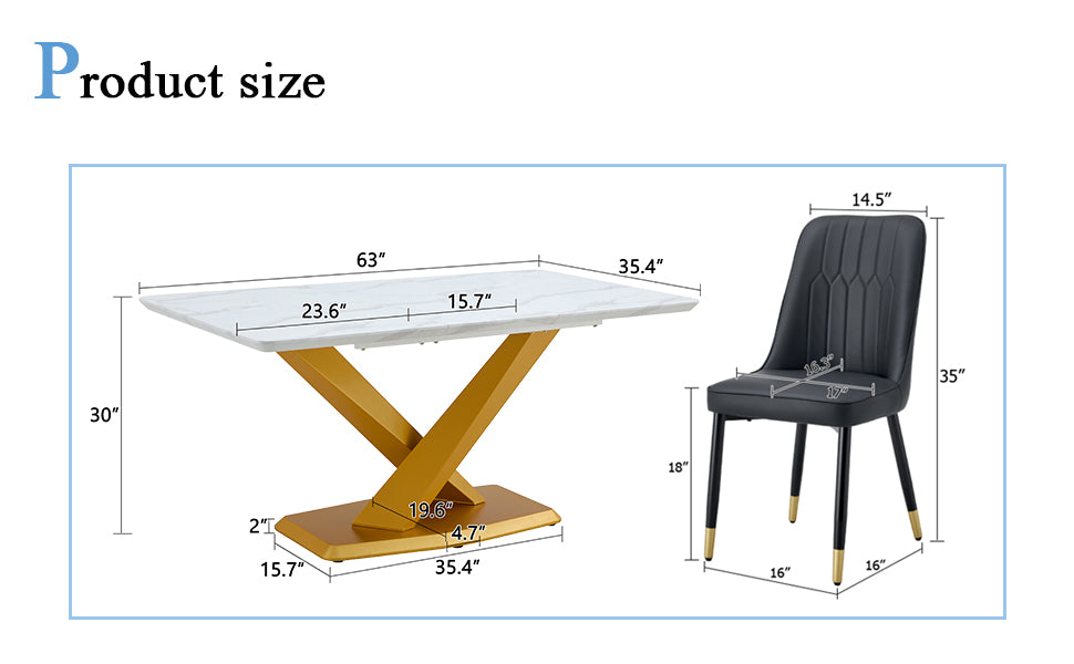 Table And Chair Set.The Table Is Equipped With A Marble Patterned Mdf Tabletop And Gold Table Legs.Paired With 4 Chairs With Pu Cushions And Black Metal Legs. Black Gold Seats 4 Mdf Metal