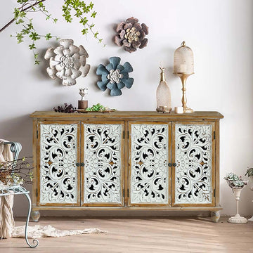 Accent Cabinet With 4 Doors, Farmhouse Sideboard Buffet Cabinet With Storage, Modern Credenza Storage Cabinet With Wood Carved Floral Doors For Living Room, Dining Room, Entryway, Hallway, Kitchen Accent Chests 3 4 Spaces Painted Or Hand Painted Antique