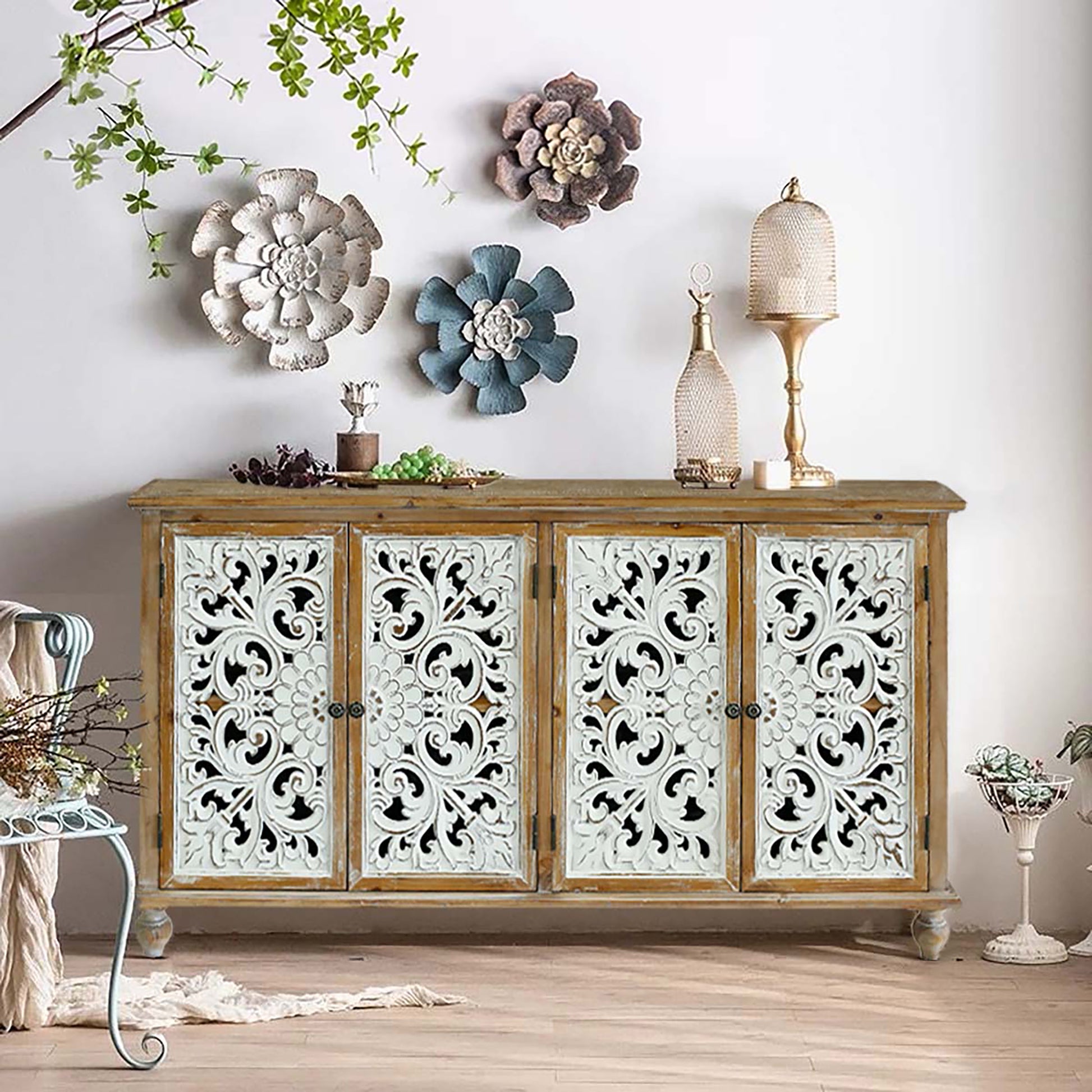 Accent Cabinet With 4 Doors, Farmhouse Sideboard Buffet Cabinet With Storage, Modern Credenza Storage Cabinet With Wood Carved Floral Doors For Living Room, Dining Room, Entryway, Hallway, Kitchen