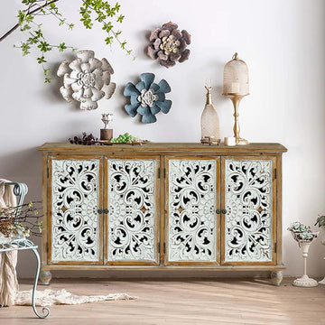 Accent Cabinet With 4 Doors, Farmhouse Sideboard Buffet Cabinet With Storage, Modern Credenza Storage Cabinet With Wood Carved Floral Doors For Living Room, Dining Room, Entryway, Hallway, Kitchen