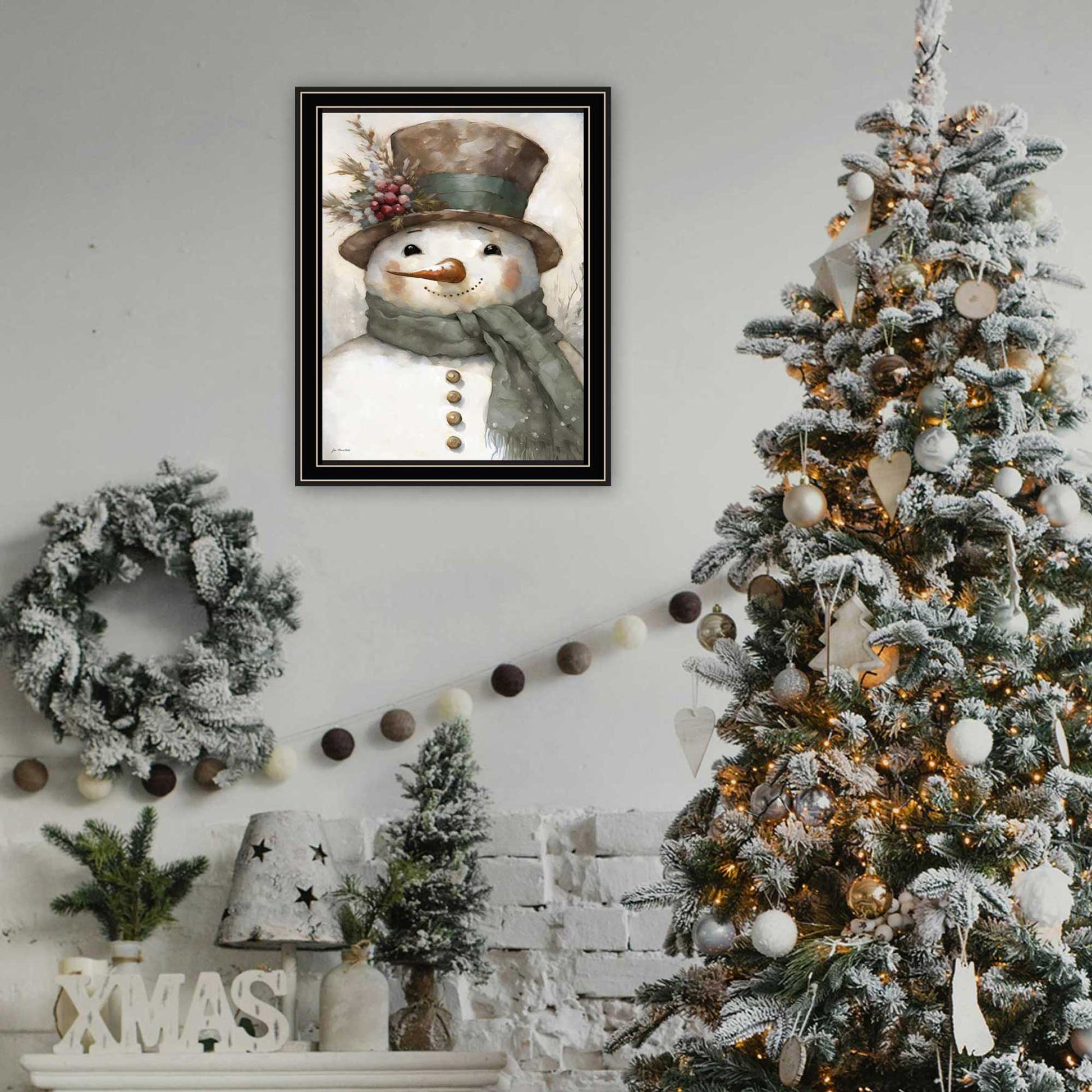 Old World Frosty The Snowman Black Framed Wall Art For Living Room, Holiday Wall Art Print For Home Decor, Bedroom Wall Art By Jo Moulton Multicolor Wood Paper