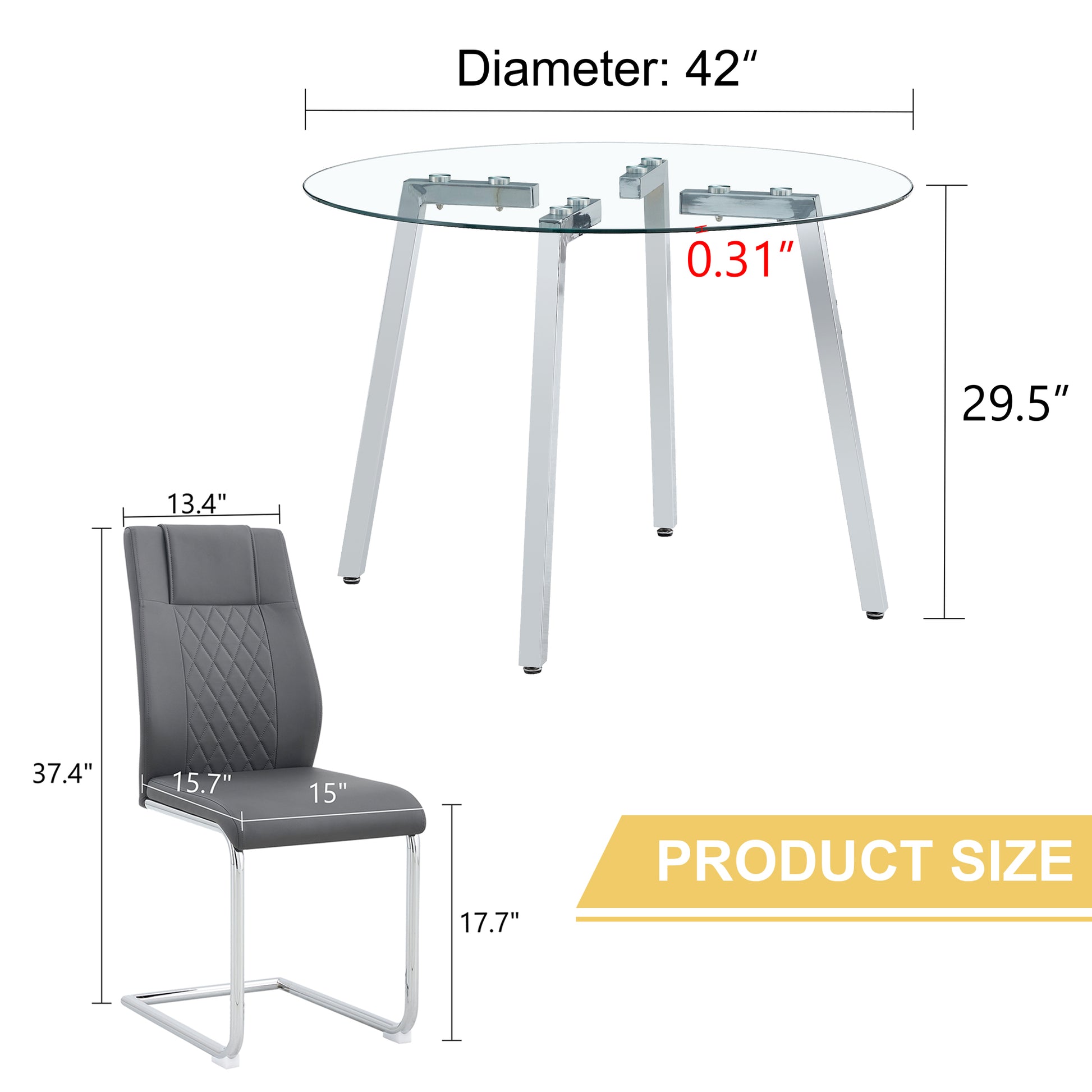 Table And Chair Set.A Modern Minimalist Style Round Clear Tempered Glass Table With Silver Metal Legs.And 6 Dark Gray Chairs With Modern Pu Leather High Back Upholstered And C Tube Chrome Legs. Dark Gray,Silver Seats 6 Glass Metal