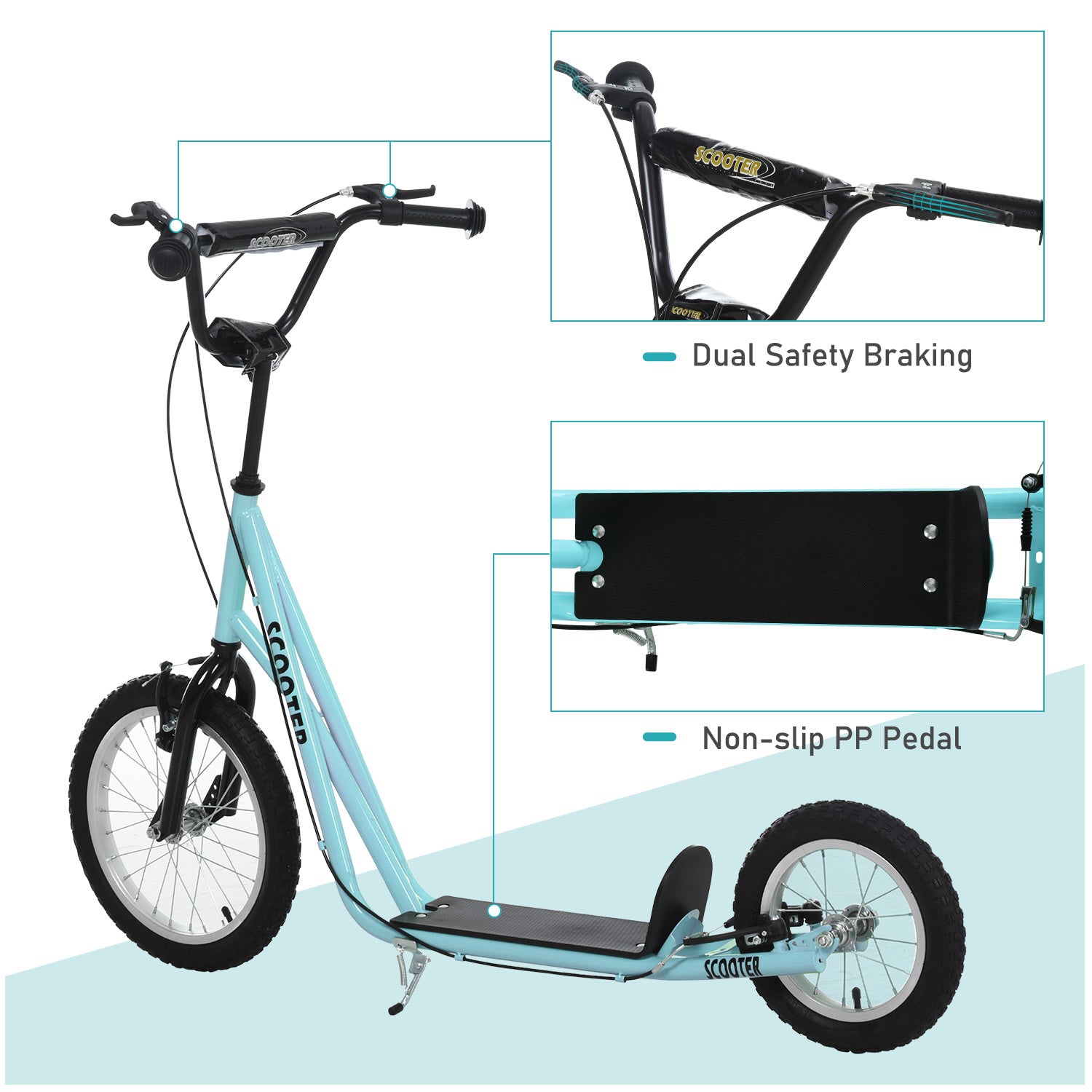 Aosom Youth Scooter, Teens Kick Scooter, Adjustable Handlebar Ride On Toy For 5 With 16" Front And 12" Rear Dual Brakes Inflatable Wheels, Blue Blue Iron Plastic