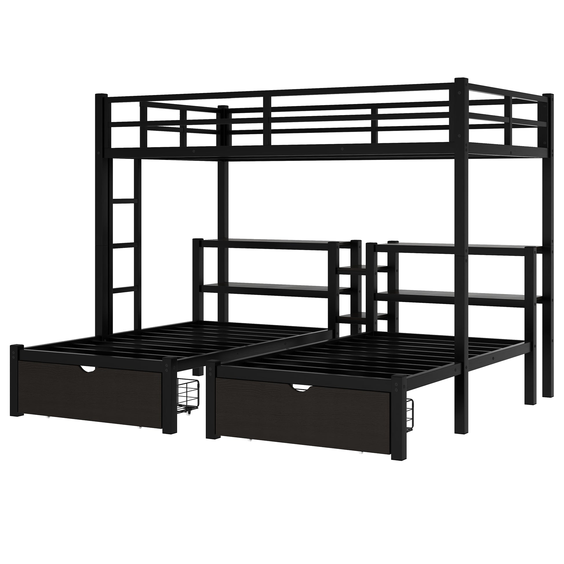 Full Xl Over Twin & Twin Triple Bunk Bed With Drawers,Multi Functional Metal Frame Bed, Bed Head With Shelving, Black Full Xl Black Metal