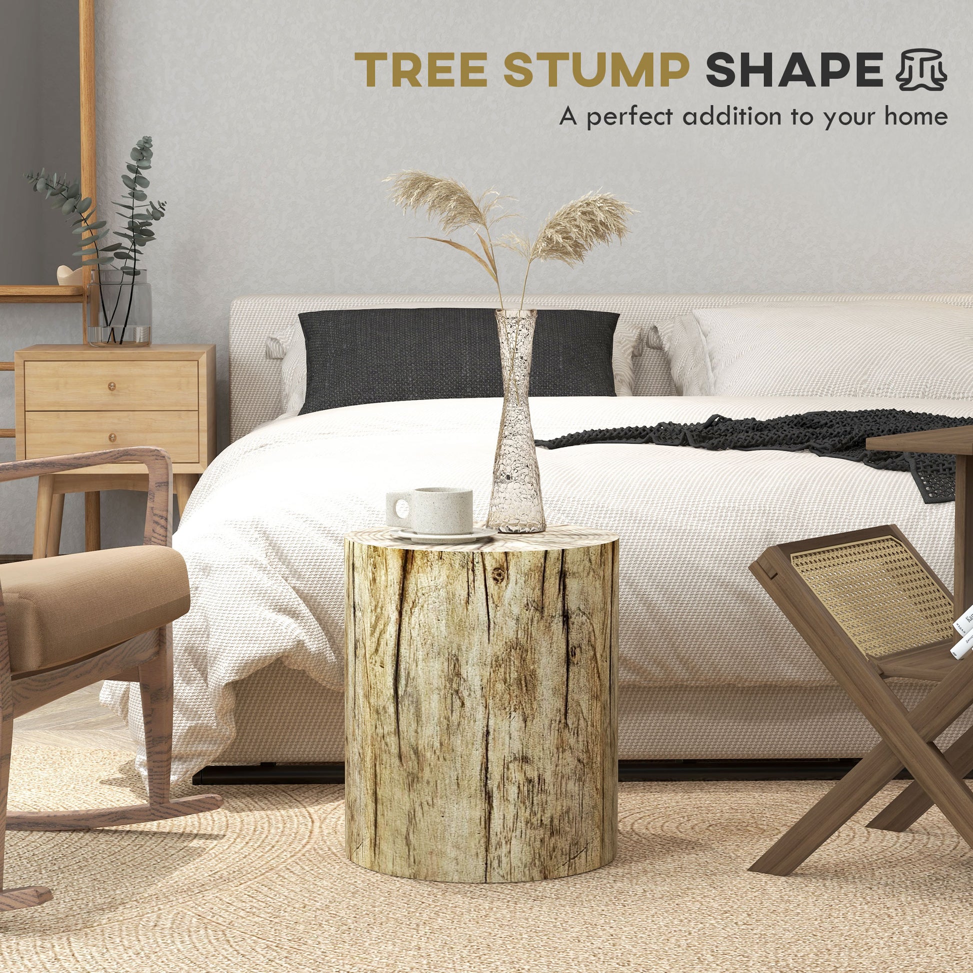 Homcom Tree Stump Stool, Decorative Side Table With Round Tabletop, Concrete End Table With Wood Grain Finish For Indoors And Outdoors Natural Wood Concrete