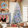 6Ft Snow Flocked Christmas Tree, Pre Lit Set With Tree & Garland & Wreath, Artificial Hinged Xmas Tree With Colorful Led Lights, 8 Lighting Modes, Pine Cones, Holiday D Cor For Home White Green Pvc