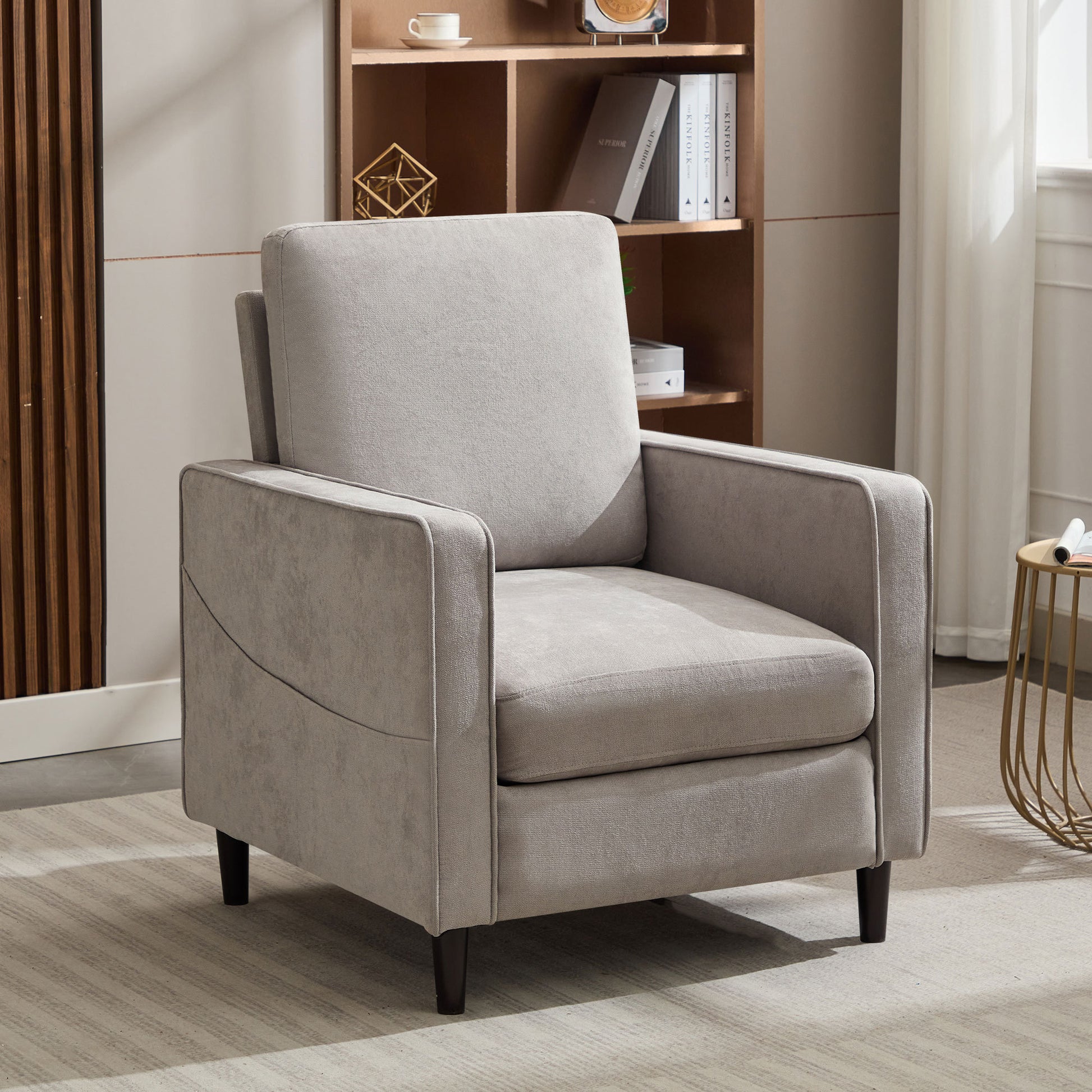 Mid Century Accent Chair ,Modern Linen Fabric Armchair For Living Room,Double Side Pockets, Comfortable And Padded Reading Feature Sofa Chair, Suitable For Bedrooms, Living Rooms, And Offices Light Gray Linen