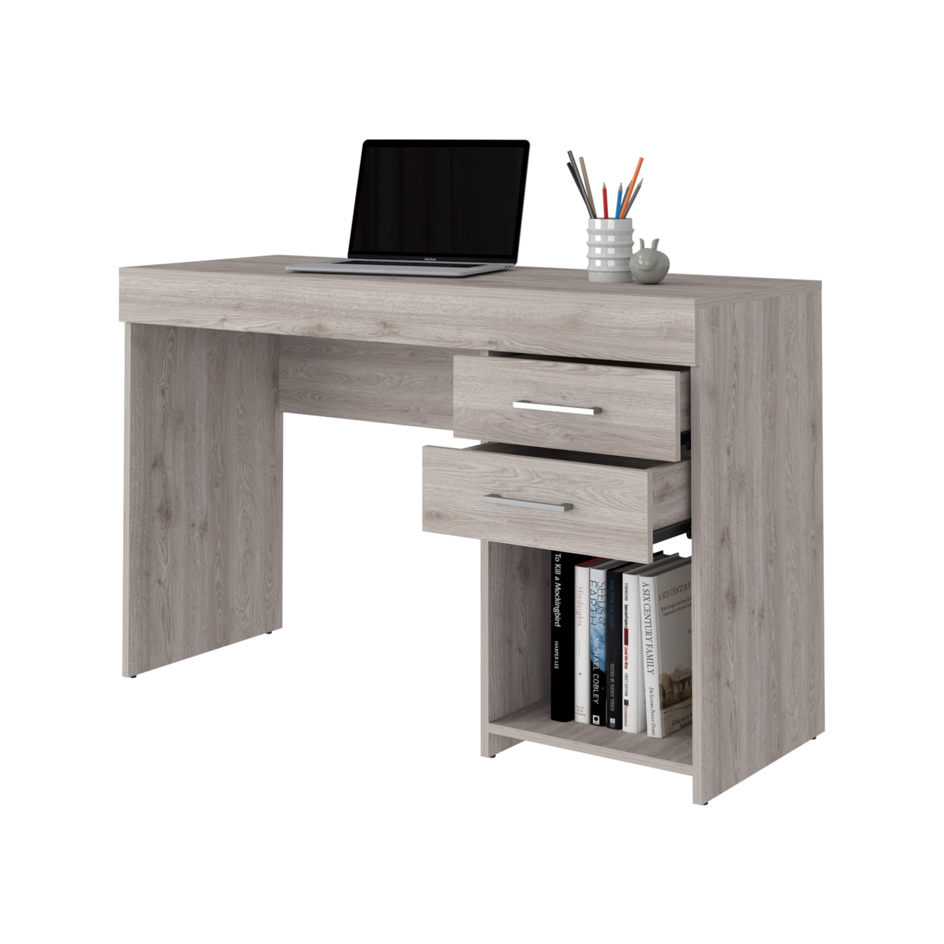 Austin Writing Computer Desk, Two Drawers, One Cabinet Gray Computer Desk Office Contemporary Floor Mount Rectangular Drawers Computer Tables Rectangular Melamine Engineered Wood