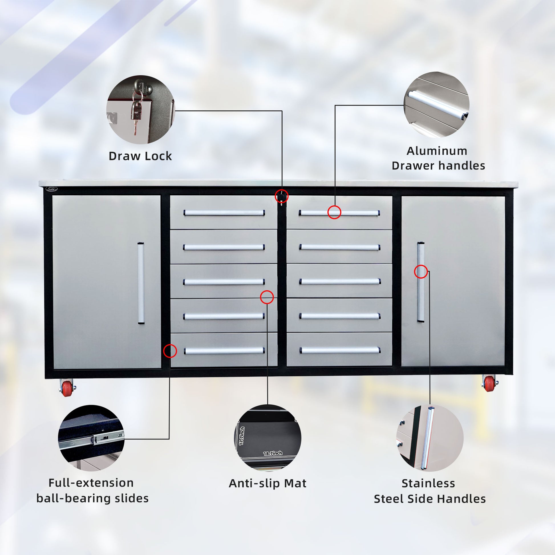 7Ft Storage Cabinets With Workbench 10 Drawers & 2 Cabinets Silver Silver Steel