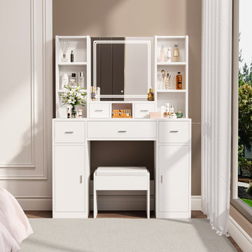 The White Vanity With Led Mirror Is Equipped With A Hair Dryer Rack, And The Vanity In The Bedroom And Dressing Room Is Equipped With A Dressing Pad White 5 Drawers & Above Bedroom American