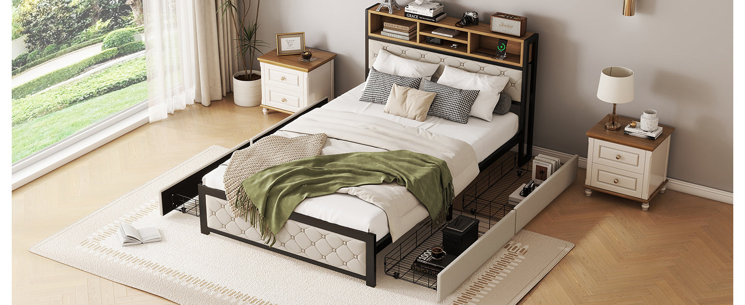 Metal Full Size Platform Bed With 4 Drawers, Upholstered Headboard And Footboard, Sockets And Usb Ports, Beige Full Beige Black Fabric Metal