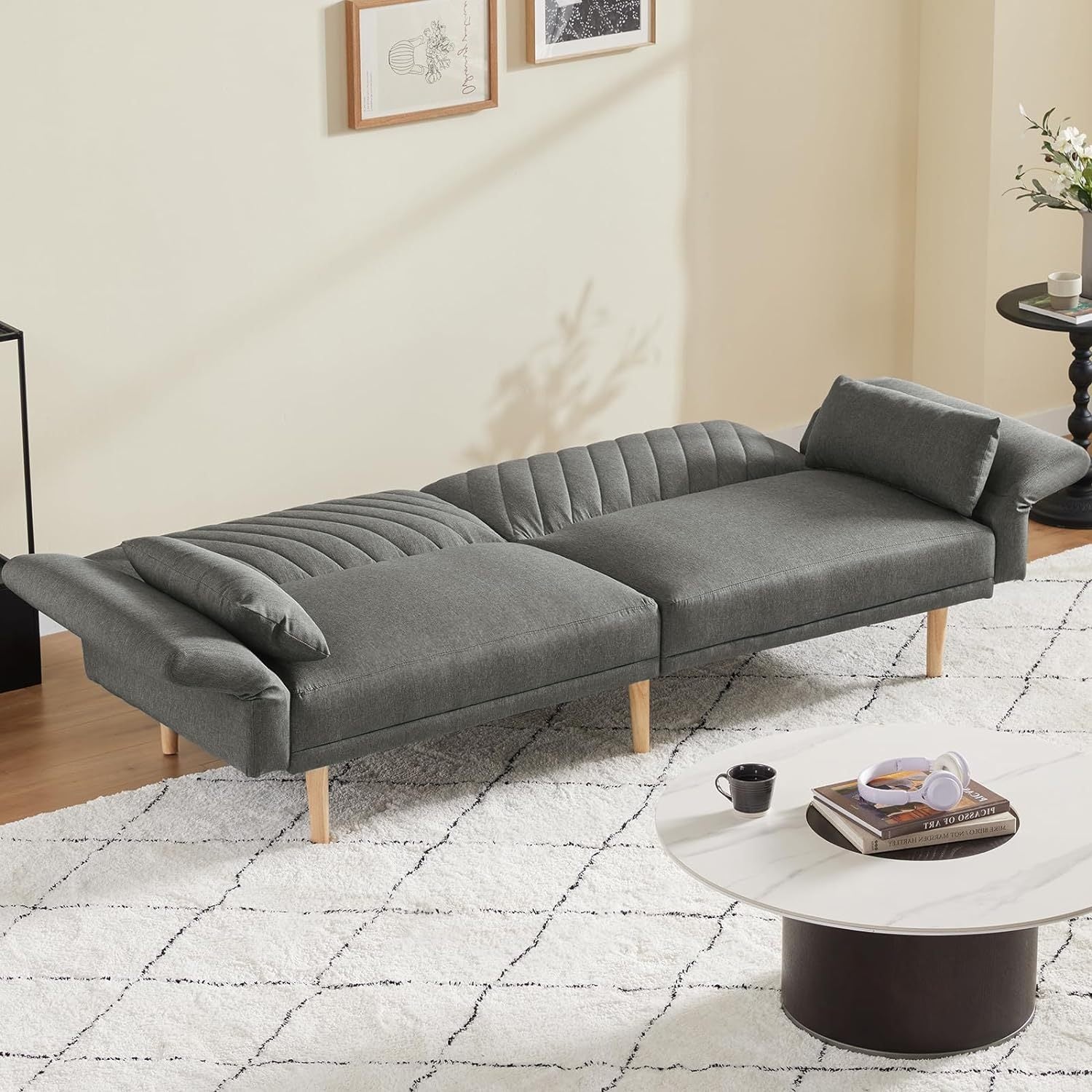 78'' Fabric Futon Sofa Bed, Convertible Sleeper Bed With Adjustable Armrests And Backrest, Loveseat Sleeper Couch Bed With 2 Pillows, Modern Futon Couches For Living Room, Dark Gray Brown Wood Bedroom Heavy Duty Oak 2 Seat Light Gray Velvet Soft Cushion