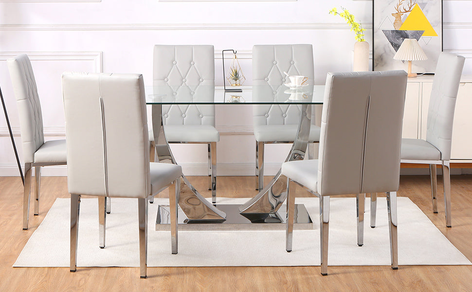 Table And Chair Set, Modern Dining Table, Tempered Glass Tabletop And Silver Colored Leg Table, Soft And Comfortable Dining Chair, Perfect For Dinner, Meetings, Home And Office Decor Gray Seats 6 Glass