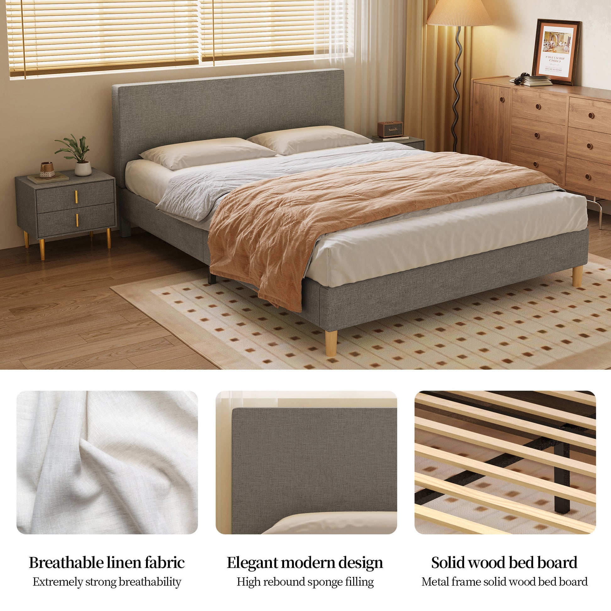 Queen Size Bed, Cotton Linen Fabric, Simple Style, Stable Structure, Easy To Install, Dark Gray Queen Dark Gray Mdf Acacia