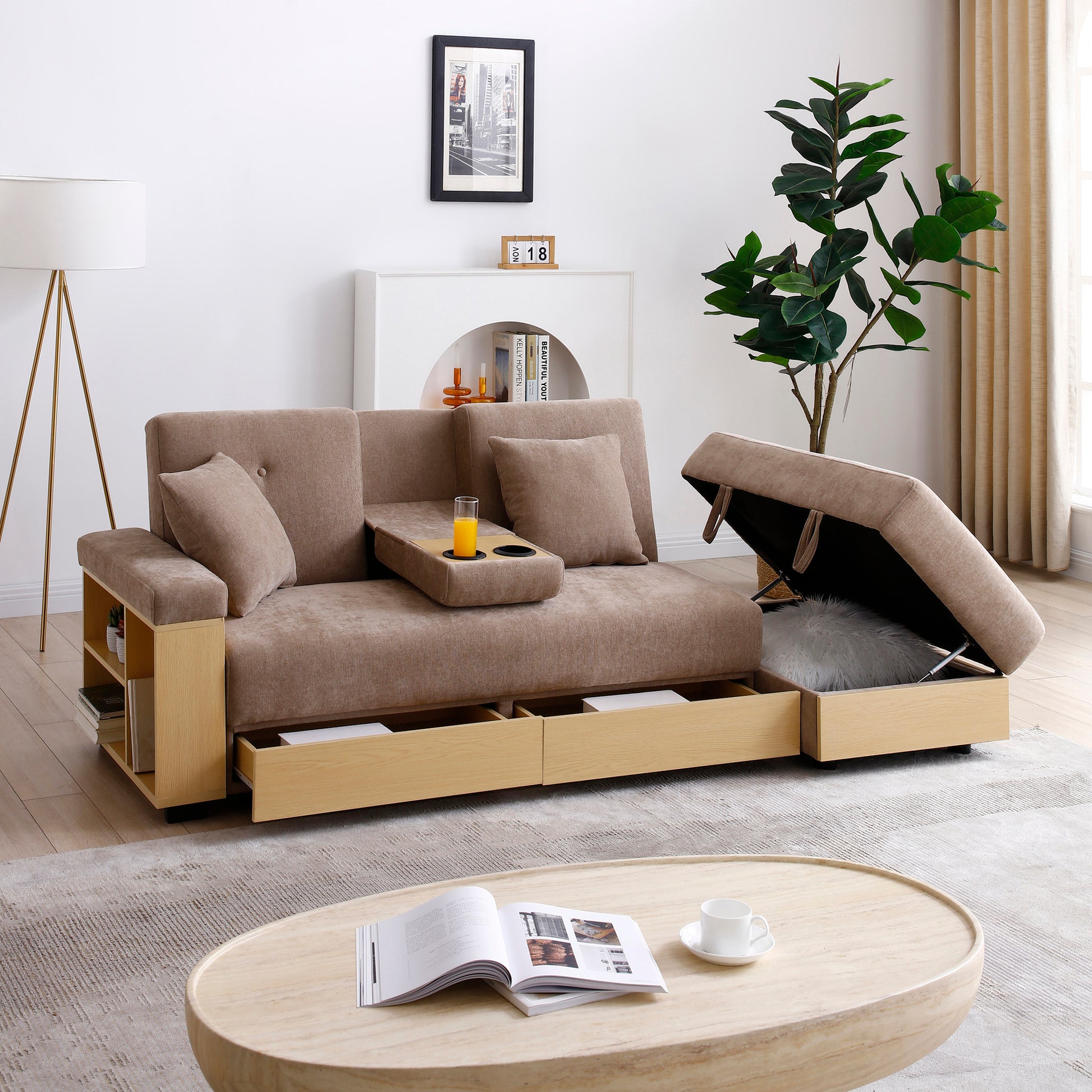 Convertible Sleeper Sofa Couch,Multifunctional Double Folding Sofa Bed,Storage Ottoman And Sofa Arm With Box And Drawer, Drop Down Table With 2Cup Holders For Living Room,Apartment,Office,Light Brown Light Brown Linen Wood Primary Living Space Modern