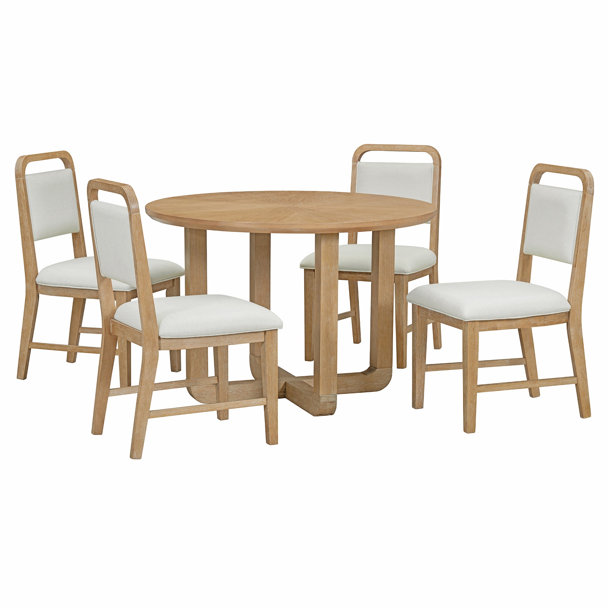 5 Piece Retro Dining Set, Round Table Top With Radial Wood Grain Design And 4 Upholstered Chairs For Dining Room And Kitchen Natural Wood Wash Natural Wood Wash Solid Wood Mdf