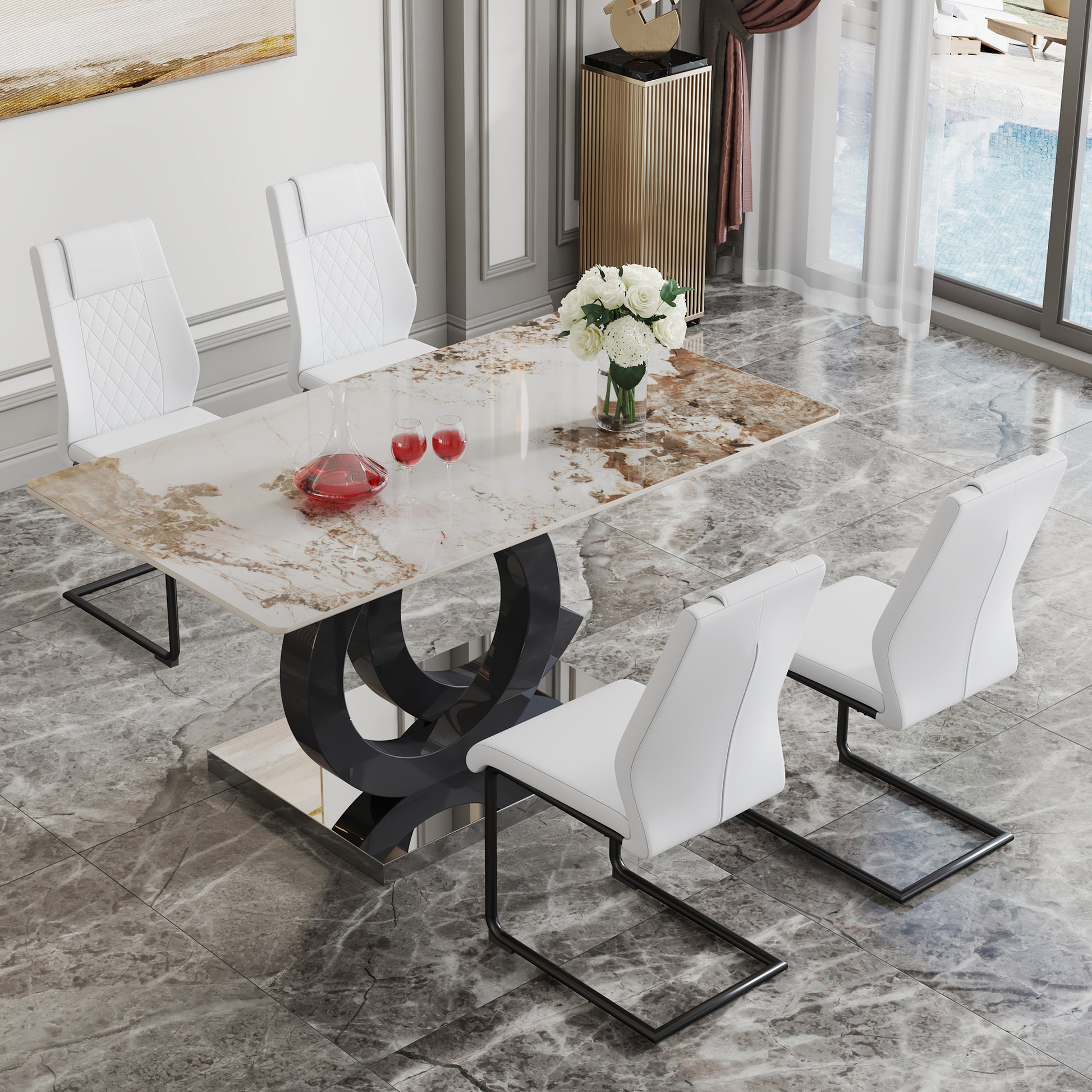 Table And Chair Set.63"X31.5" Marble Pattern Sintered Stone Table With Mdf Oc Shaped Bracket.Paired With 4 White Pu Chairs With Black Metal Legs.Suitable For Kitchen,Dining Room,Etc. White Black