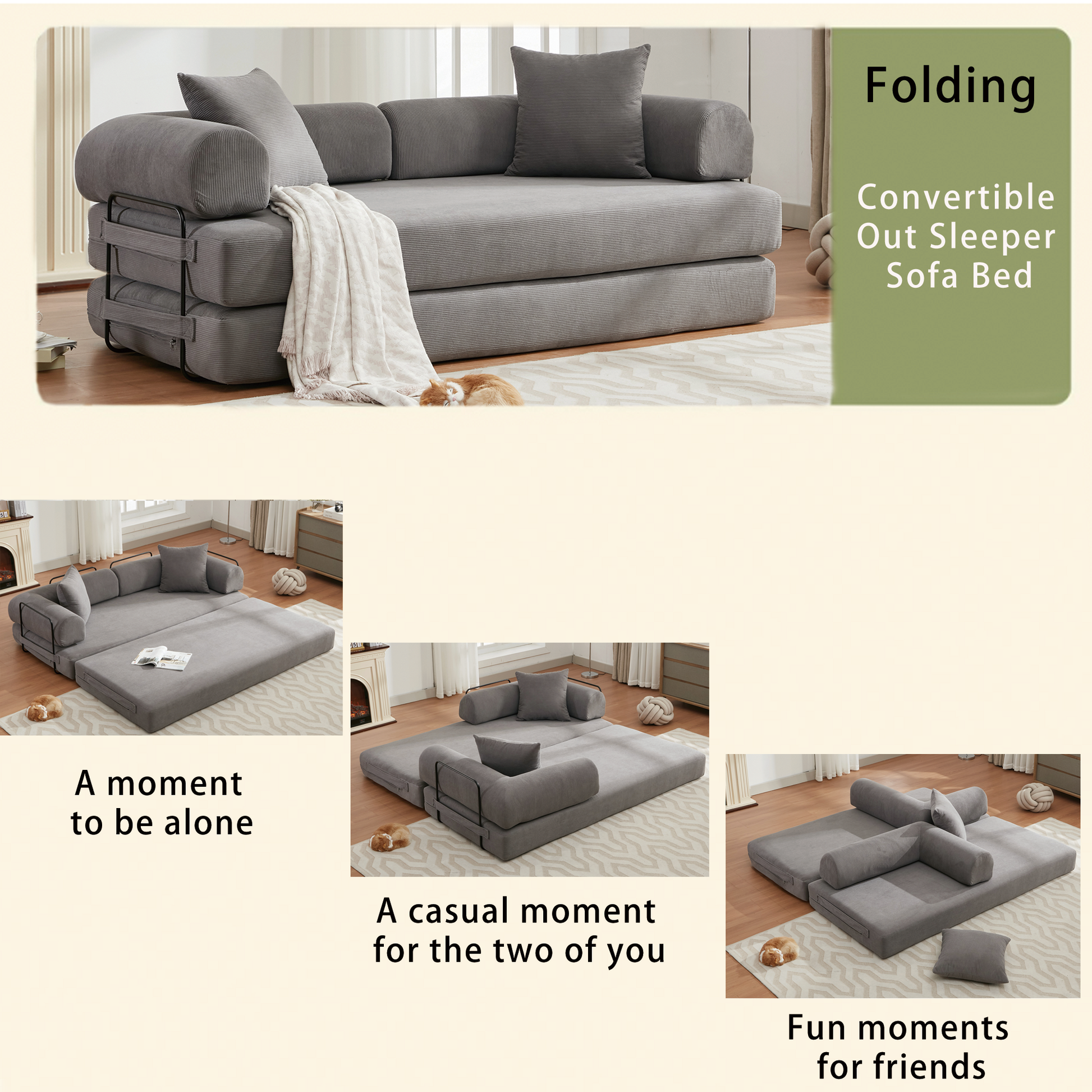 Arrived 78.5" Folding Convertible Out Sleeper Sofa Bed,4 In 1 Diy Combination Convertible Sofa,3 Seat, Folding Sofa, King Sizebedroom,Apartment,Corduroy,Green,Gray Gray Polyester Primary Living