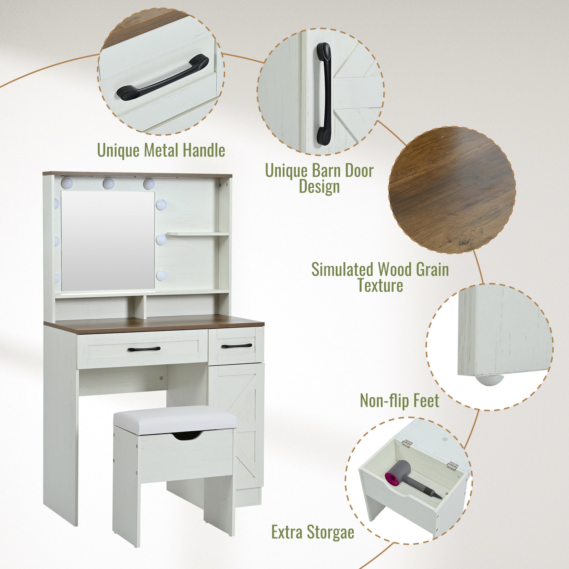 Farmhouse Makeup Vanity Desk With Mirror And Lights, 3 Lighting Modes, Vanity Set With Stool, Dressing Table With Adjustable Shelves,2 Drawers And Side Cabinet For Bedroom, White Brown White Bedroom