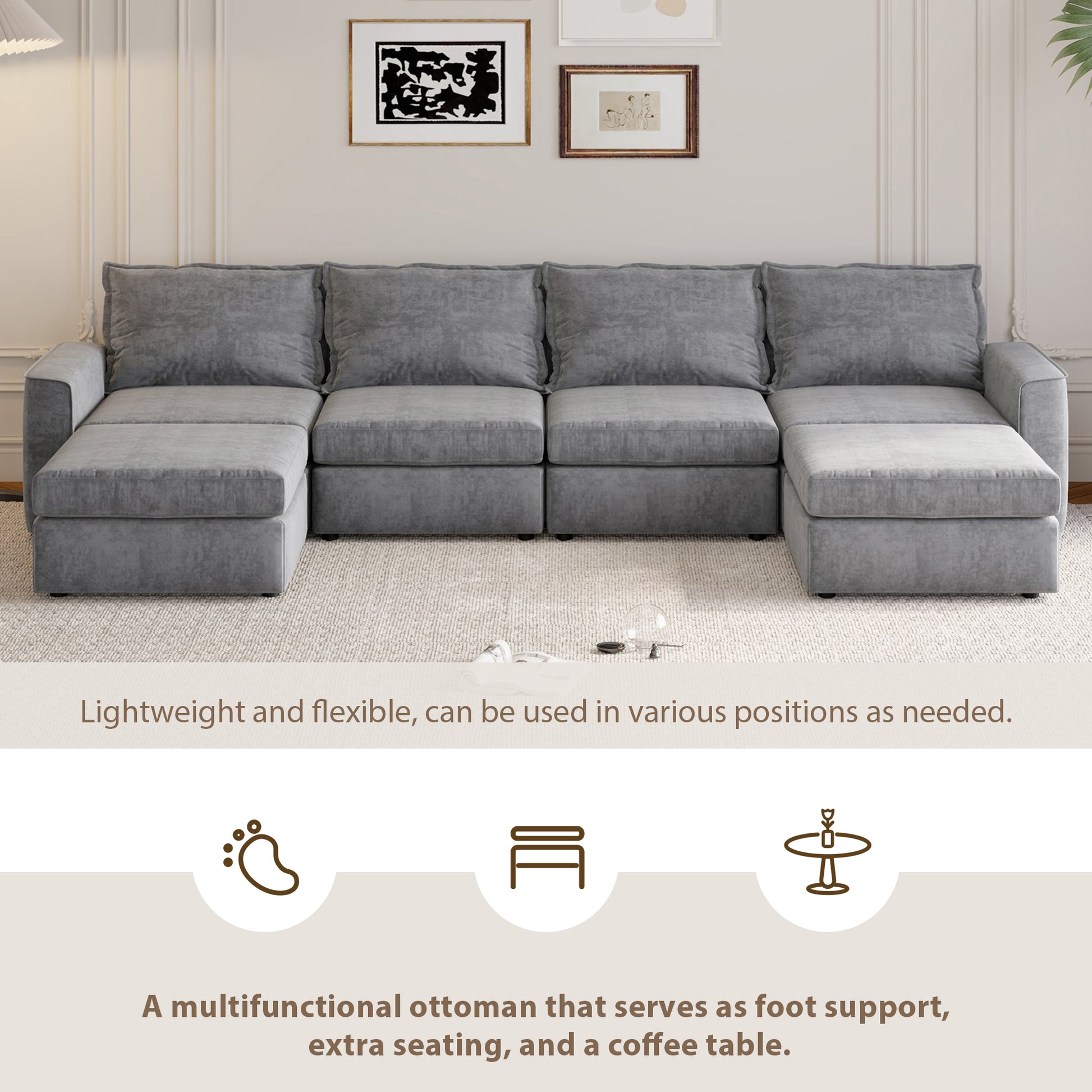 115*58" Chenille Modular Sectional Sofa,U Shaped Reversible Couch,Free Combination,6 Seat Sleeper Sofa Bed With Ottoman,Convertible Oversized Indoor Furniture For Living Room,Gray Gray Chenille 6 Seat