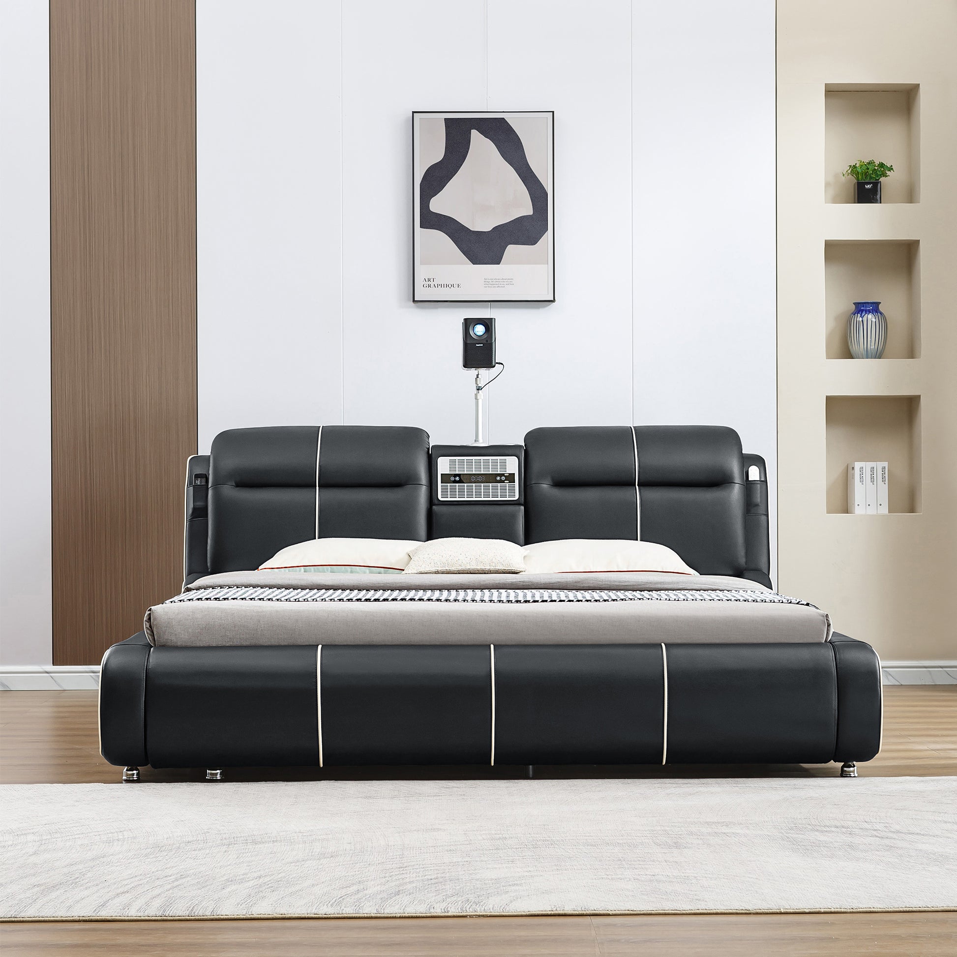 Multifunctional Upholstered Storage Bed Frame, Massage Chaise Lounge On Left, King Size,Black King Black Leather