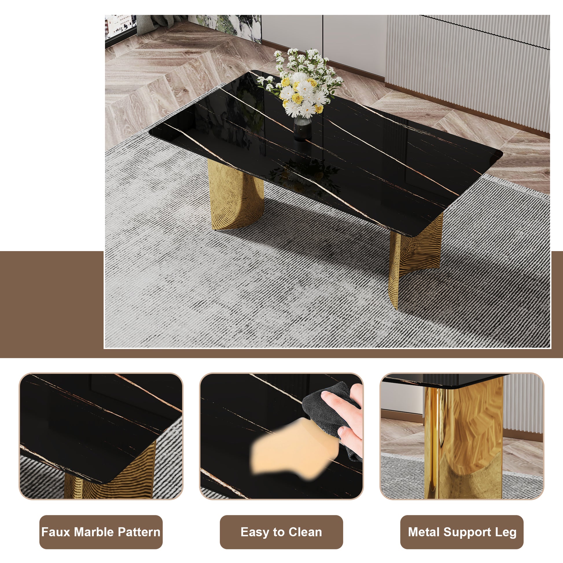 Table And Chair Set.The Table Has A Glass Tabletop With Imitation Marble Pattern Stickers And Stainless Steel Golden Table Legs. Paried With Comfortable Chairs With Pu Seats And Metal Legs. Gold Black Seats 8 Glass Metal