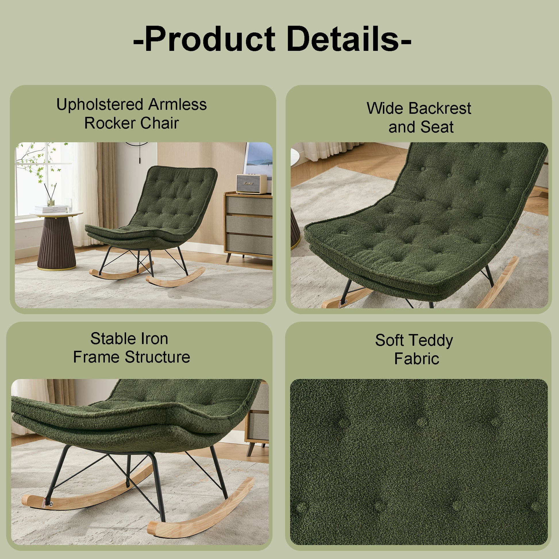 Lazy Rocking Chair,Comfortable Lounge Chair With Wide Backrest And Seat Wood Base, Upholstered Armless Rocker Chair For Living Room, Balcony,Bedroom And Patio Porch. Dark Green Cushion Iron Dark Green Primary Living Space Sponge Square Casual Rocking