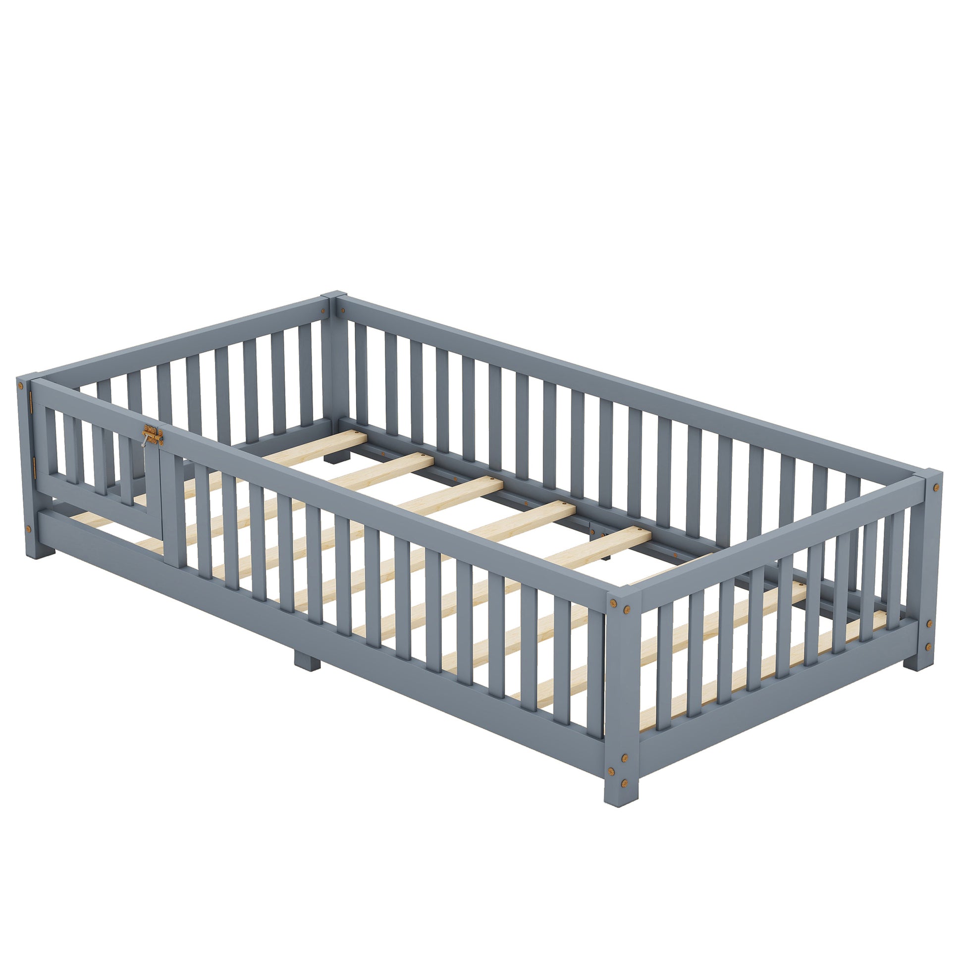 Twin Size Bed Floor Bed With Safety Guardrails And Door For Kids, Gray Old Sku: W158090685 Twin Gray Pine