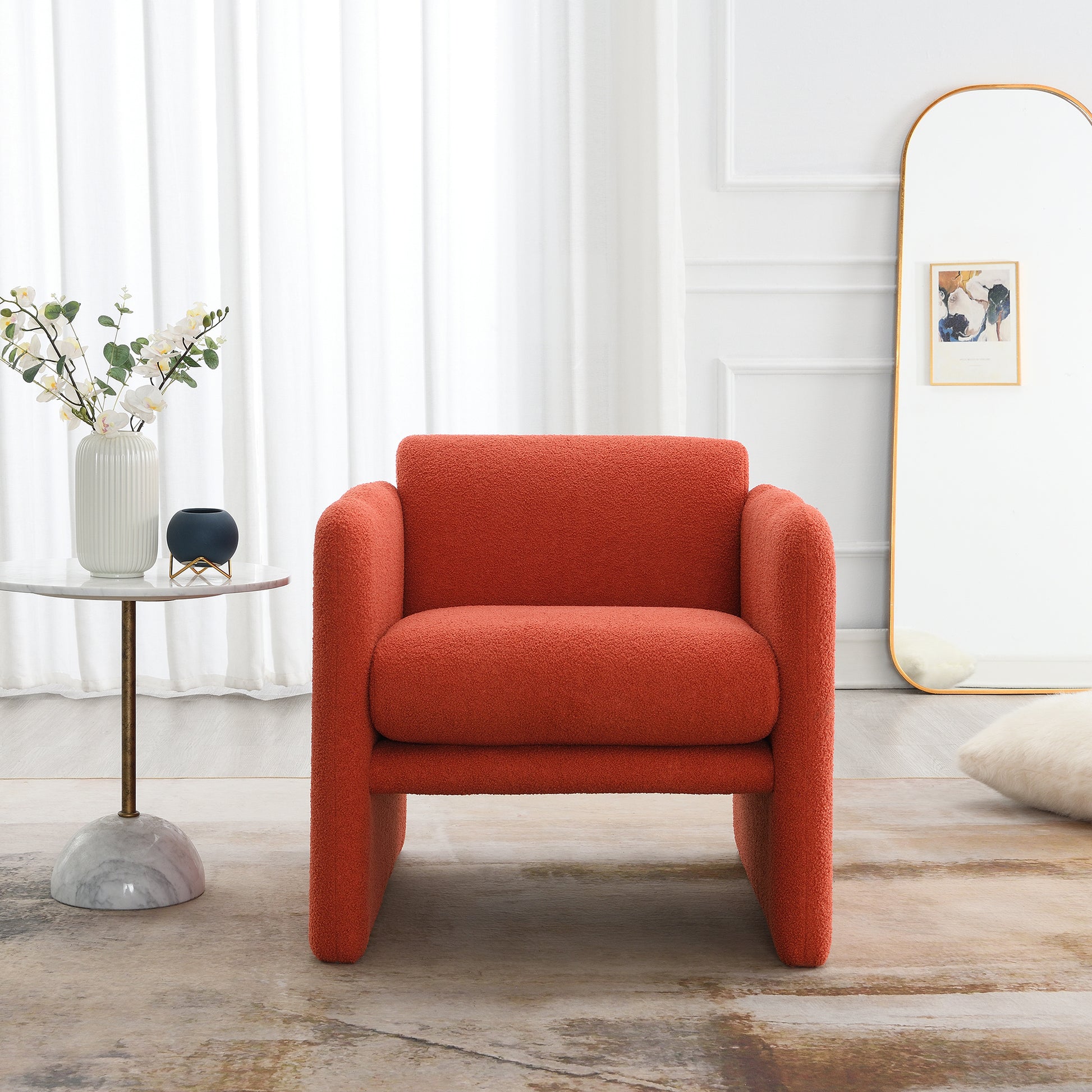 Arm Chair With Waved Arms, Metal Decoration On Both Side Arms, Accent Chair For Primary Living Space, Living Room, Bedroom, Teddy Fabric, Orange Orange Primary Living Space Modern Foam Plywood